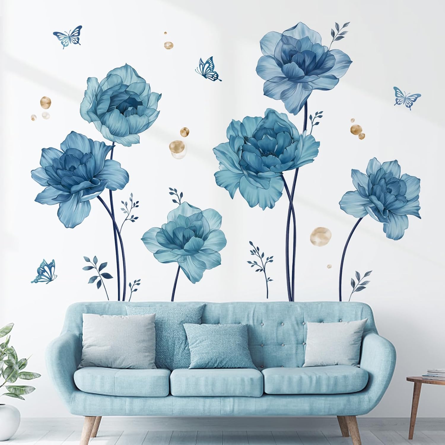 Large Flowers Wall Stickers Peony Floral Plants Butterfly Peel and Stick Wall Art Decals / Blue