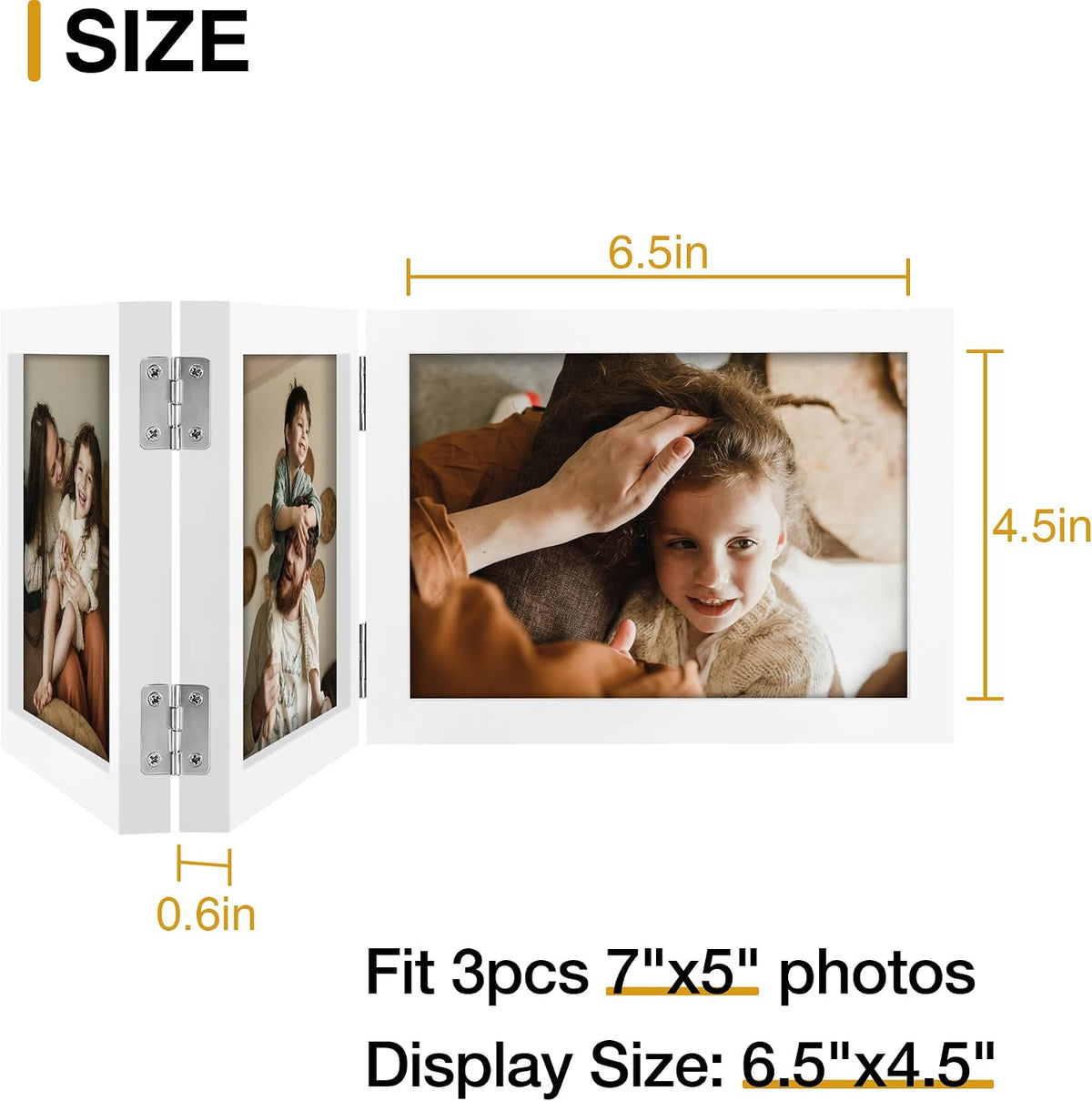 decorUhome White Triple 7x5 Picture Frame Horizontal, MDWT08 | "Z" Shape Folding Design Engineered Wood Trifold Photo