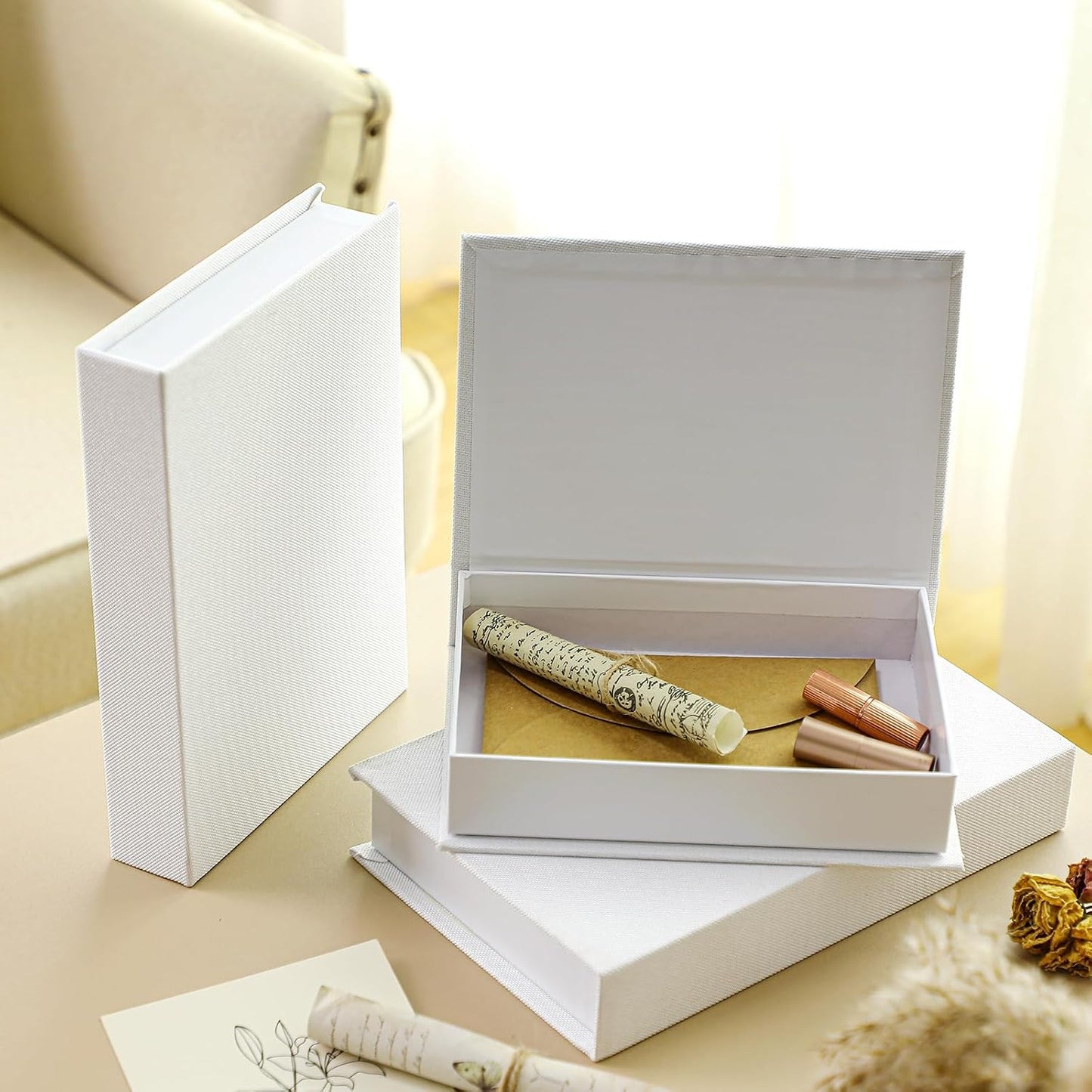 Fake Book Box Neutral Linen Book Box Decorative Faux Prop Storage / Multi Sizes / White / Set of 3