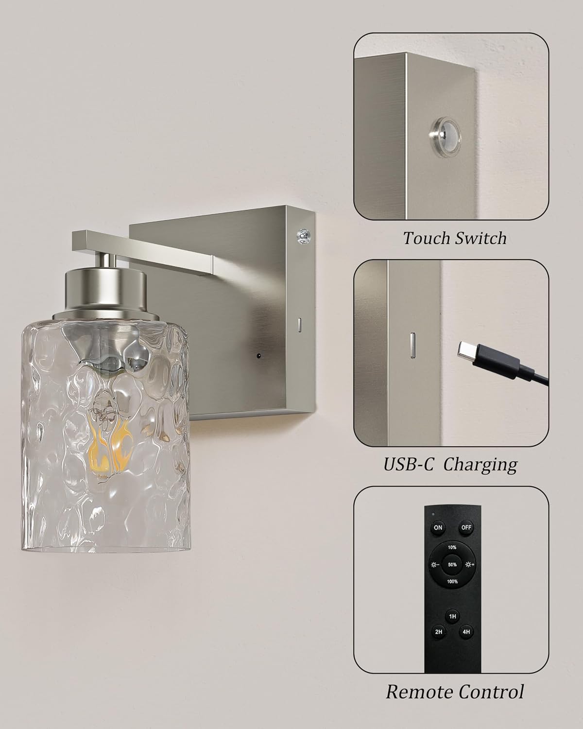 Hammered Glass Wireless Battery Operated Wall Sconces Set of Two Nickel | Dimmable Rechargeable Wall Lights with Remote