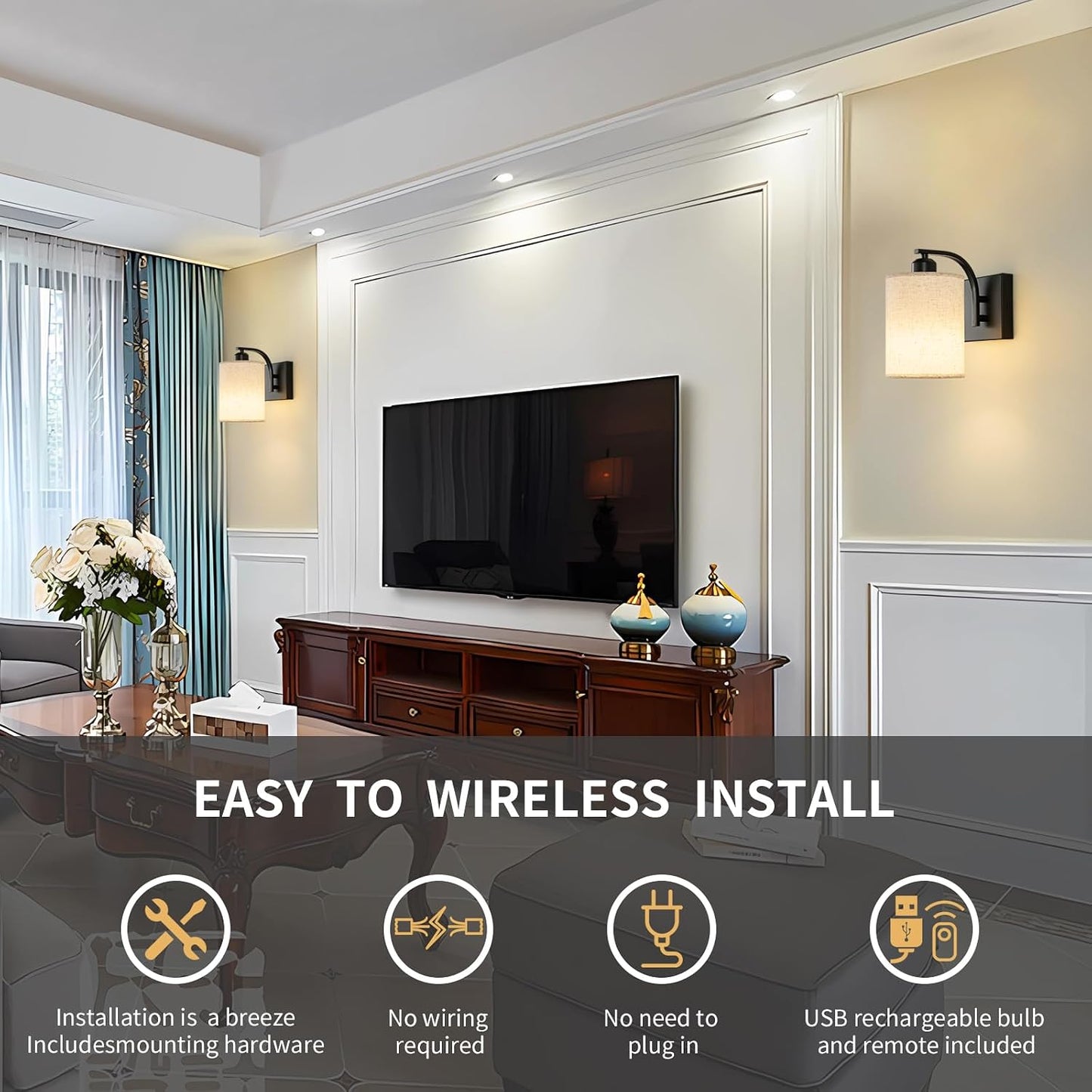 Powfloven Black Rechargeable Wall Sconces Set of 2 with Remote, Wireless Dimmable Battery Operated LED Wall Lights
