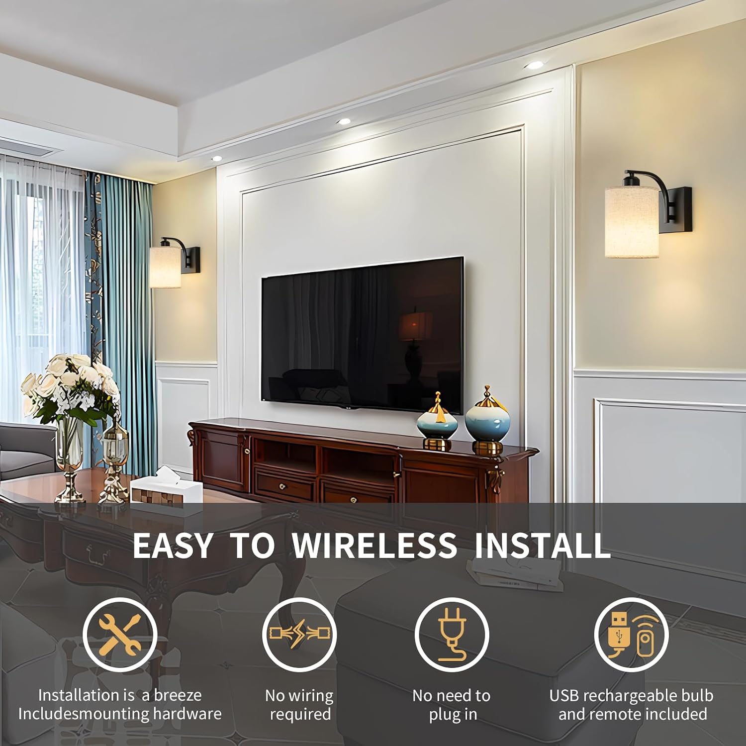 Powfloven Black Rechargeable Wall Sconces Set of 2 with Remote, Wireless Dimmable Battery Operated LED Wall Lights