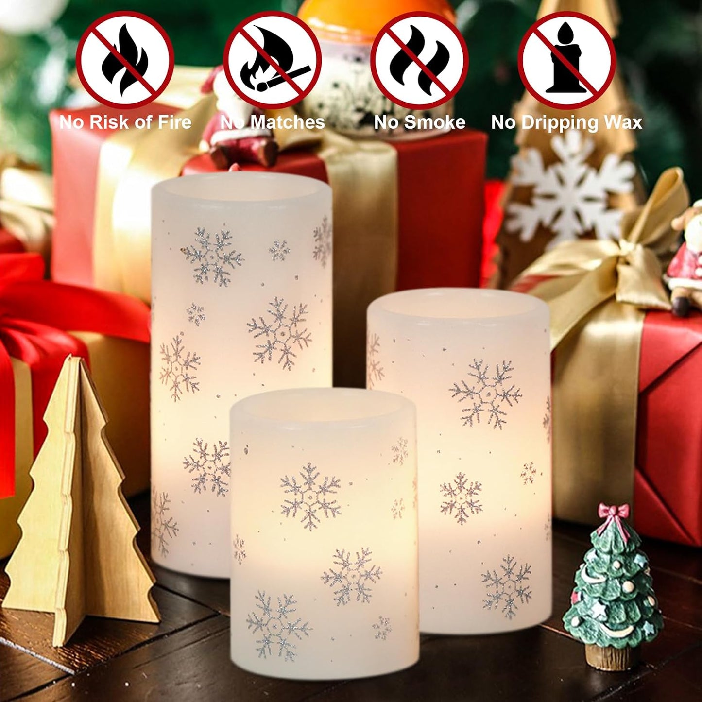 Silver Snowflake Flameless Candles Battery Operated with 6H Timer | LED Pillar Candles Flickering, Real Wax Warm Light
