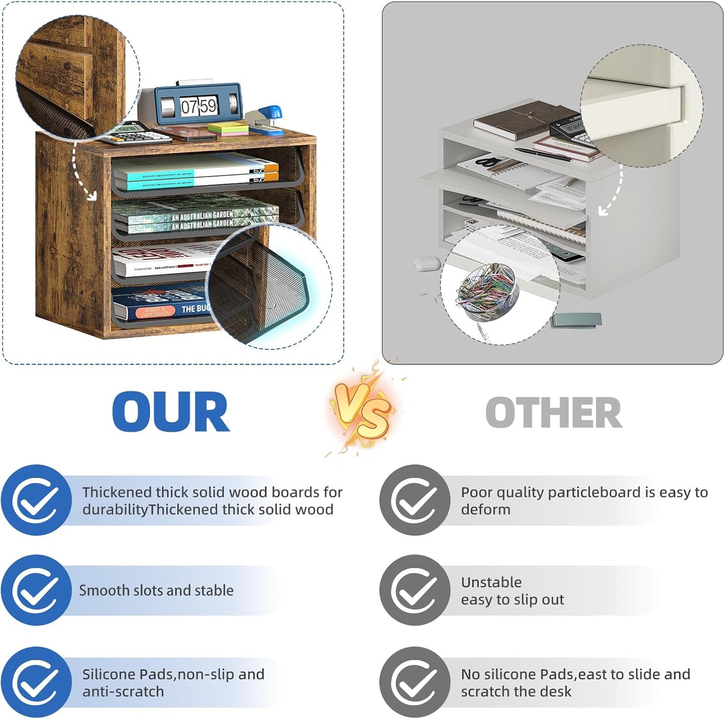 Simple Trending 4-Tier Desk File Organizer, Paper Organizer, Rustic Brown | Adjustable Letter Trays, Wood Desktop File