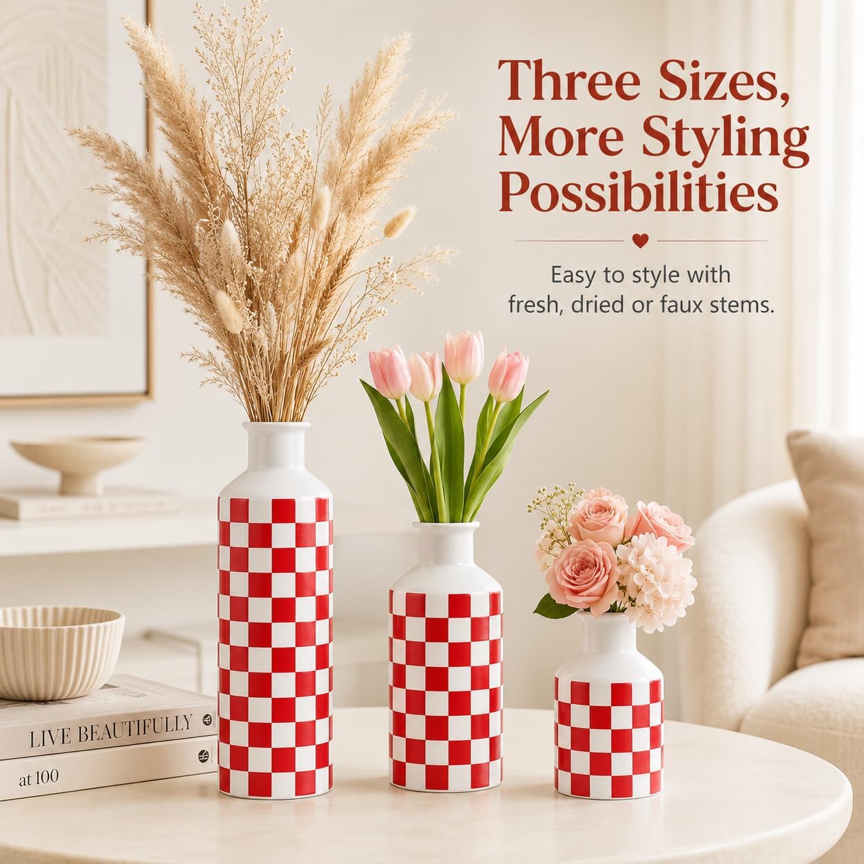 Black and White Ceramic Vase Set 3 / Red