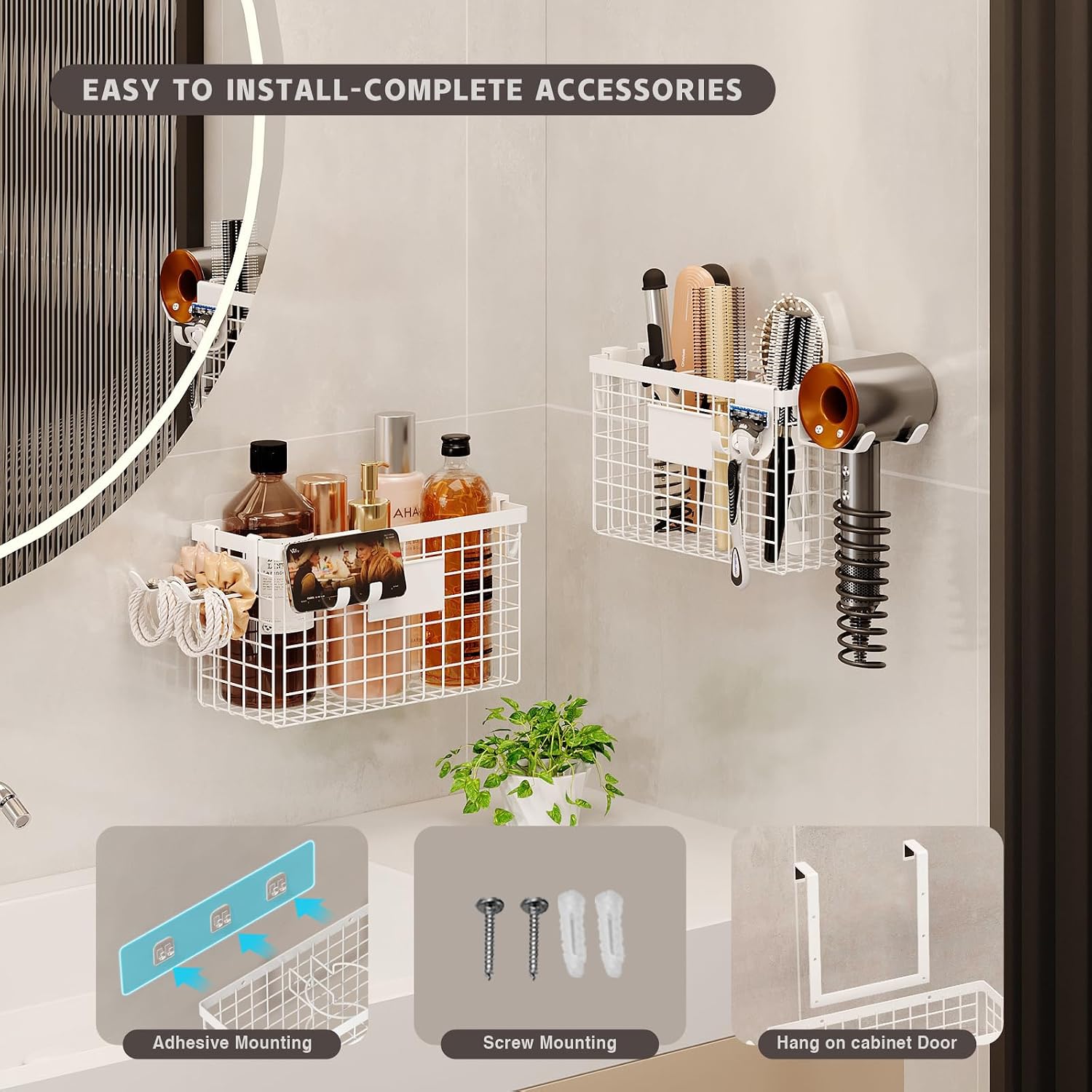 Magheo Hair Dryer Holder Cabinet Door 3-in-1 Adhesive Hair Tool Organizer Wall Mounted Adjustable Height Blow Dryer
