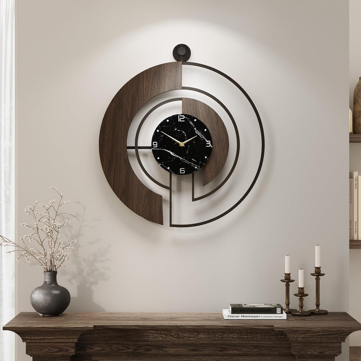 Cuspin 24 Inch Large Wall Clock Modern Walnut Marble Dial Decorative Clock | Silent non ticking, battery operated, easy