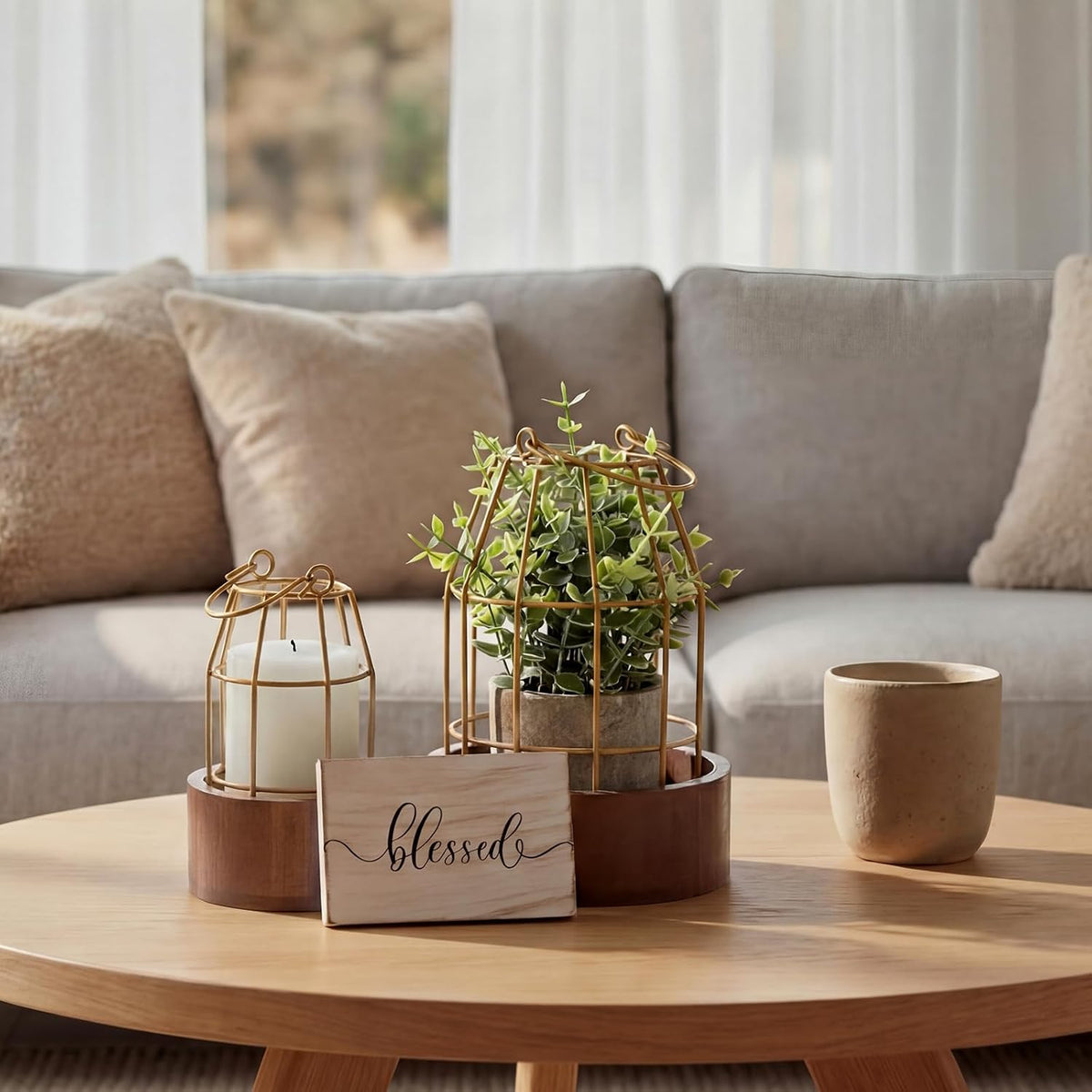 Modern Rustic Farmhouse Candle Lantern Set of 5, Small, Gold, Burlywood | Decorative Lanterns Centerpieces with Tray