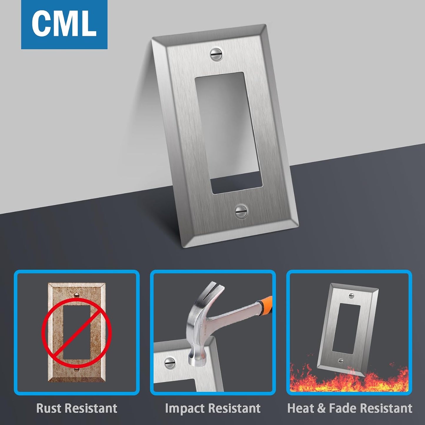 CML 20 Pack 1-Gang Decorator Metal Wall Plate, Standard Size, Silver | Stainless Steel Outlet Receptacle Covers &