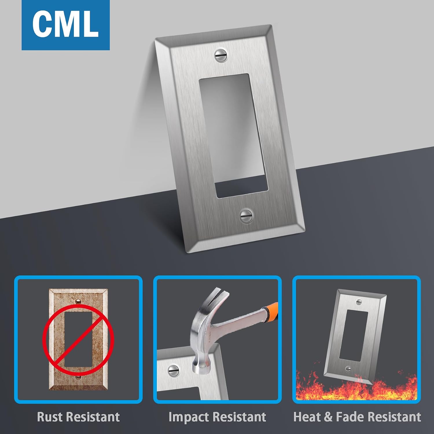 CML 20 Pack 1-Gang Decorator Metal Wall Plate, Standard Size, Silver | Stainless Steel Outlet Receptacle Covers &