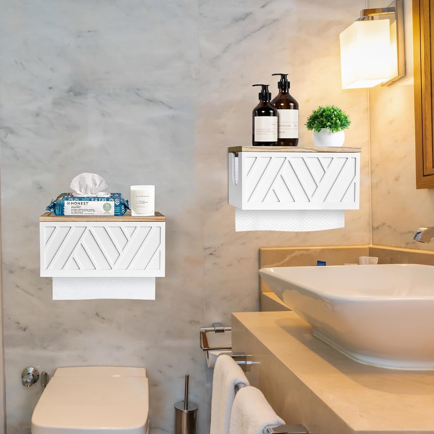 Set of 2 Paper Towel Dispenser Wall Mount, Paper Towel Holder Wall Mounted with Lid, Solid Wood Commercial C-Fold