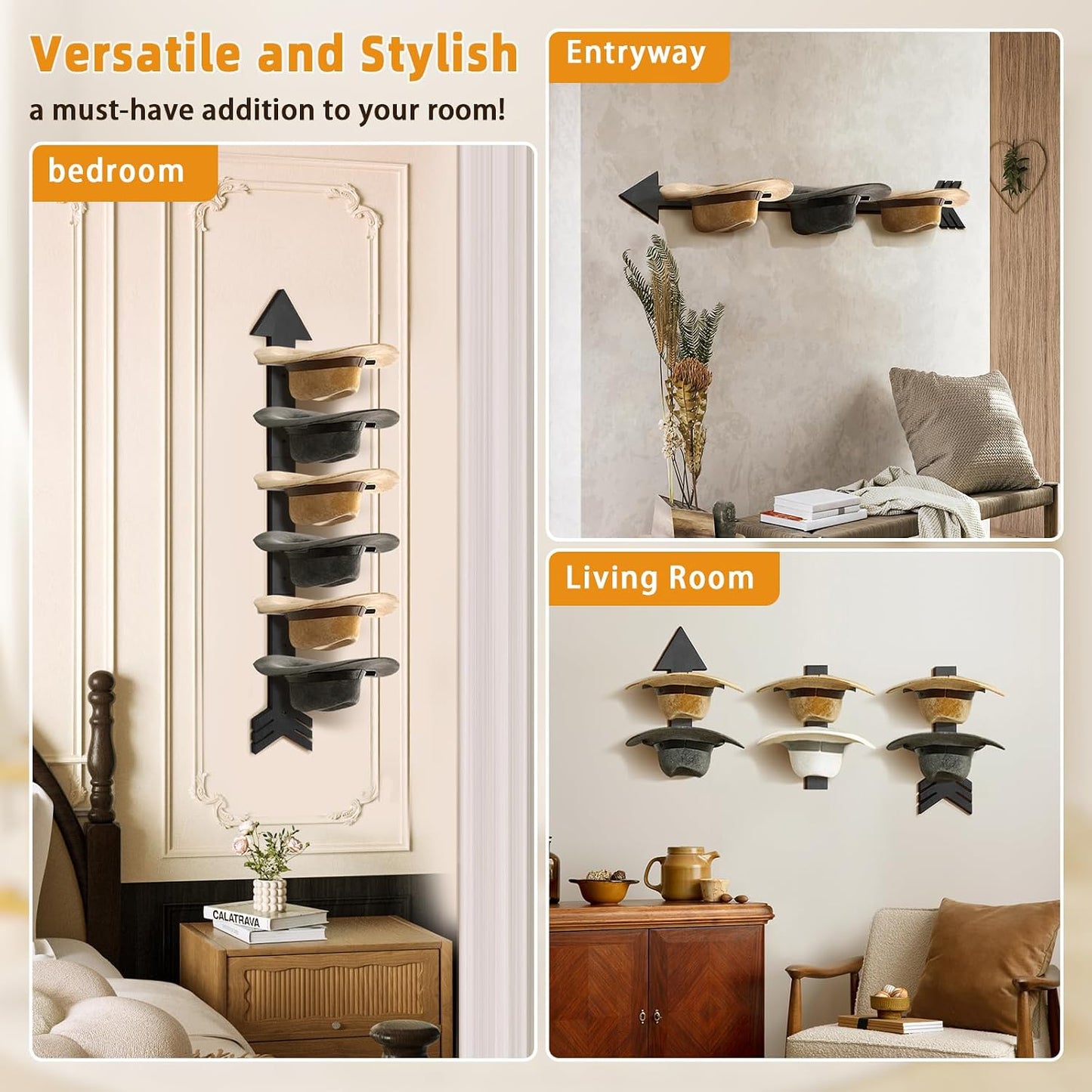 Cowboy Hat Holder for Wall, Cowboy Hat Rack Arrow Wood for Bedroom | Western Wall Decor for Entryway Closet Living
