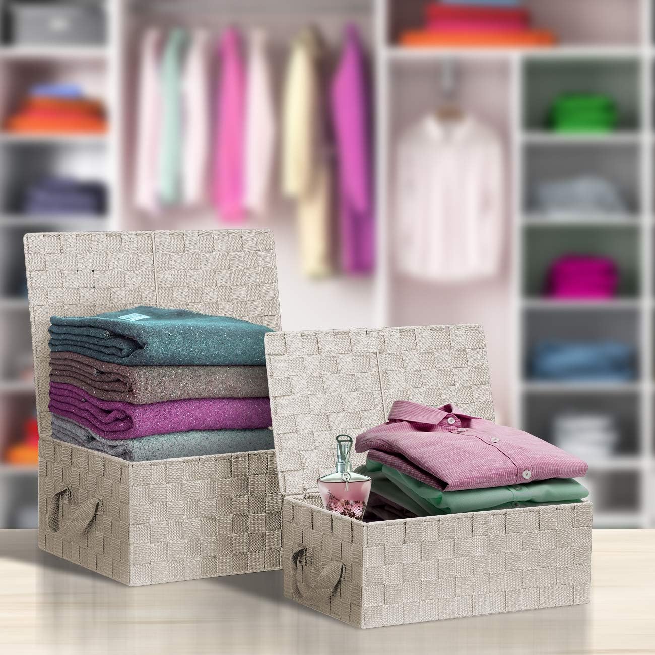 Linen Closet Organizers and Storage / Woven Lid Baskets - Beige / Set of 3
