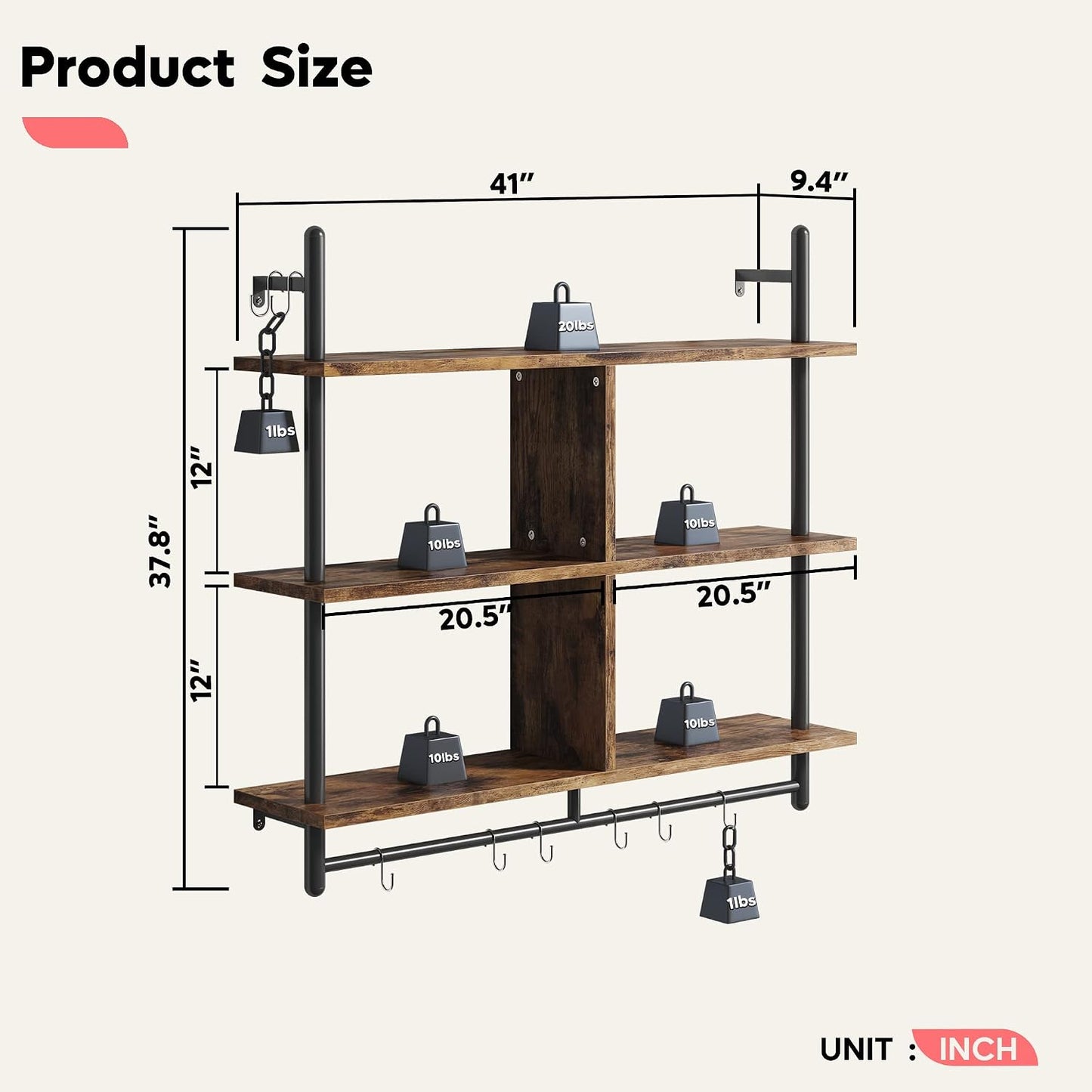 Bestier 41.5" Floating Shelves for Wall 3 Tier Kitchen Shelves Wall Mounted Coffee Bar Shelf Hanging Shelf with 8