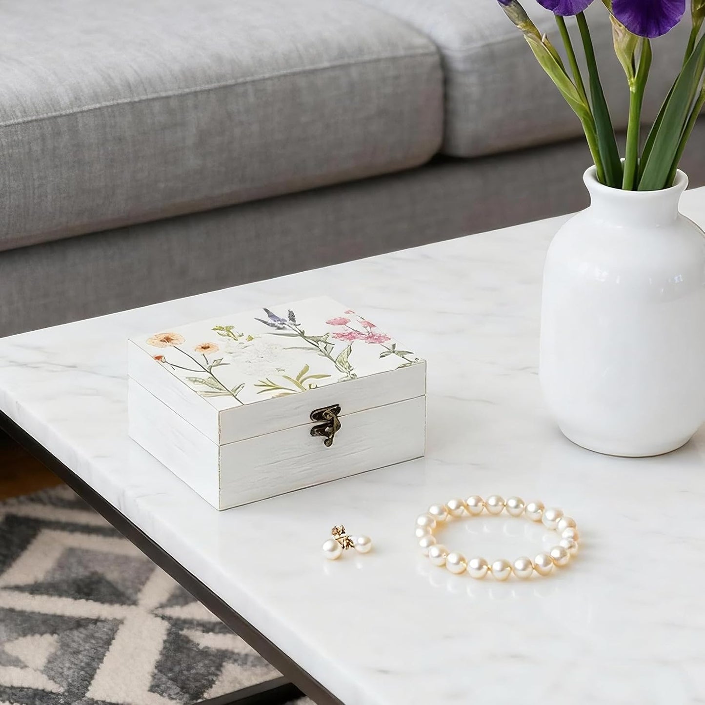 Hinged Lid Wooden Handmade Keepsake Storage Box Floral Printed Jewelry Box Rustic Trinket Box