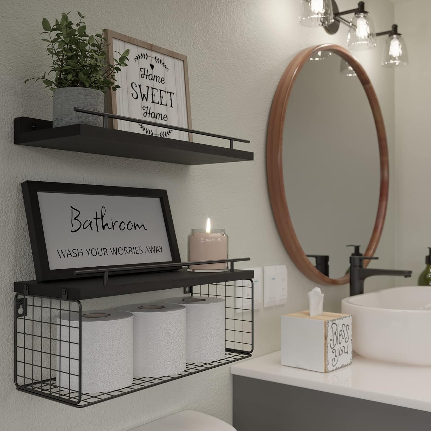 Floating Shelves for Bathroom Decor Art, Modern Black | Bathroom Organizers and Storage, Wall Shelves Over Toilet with