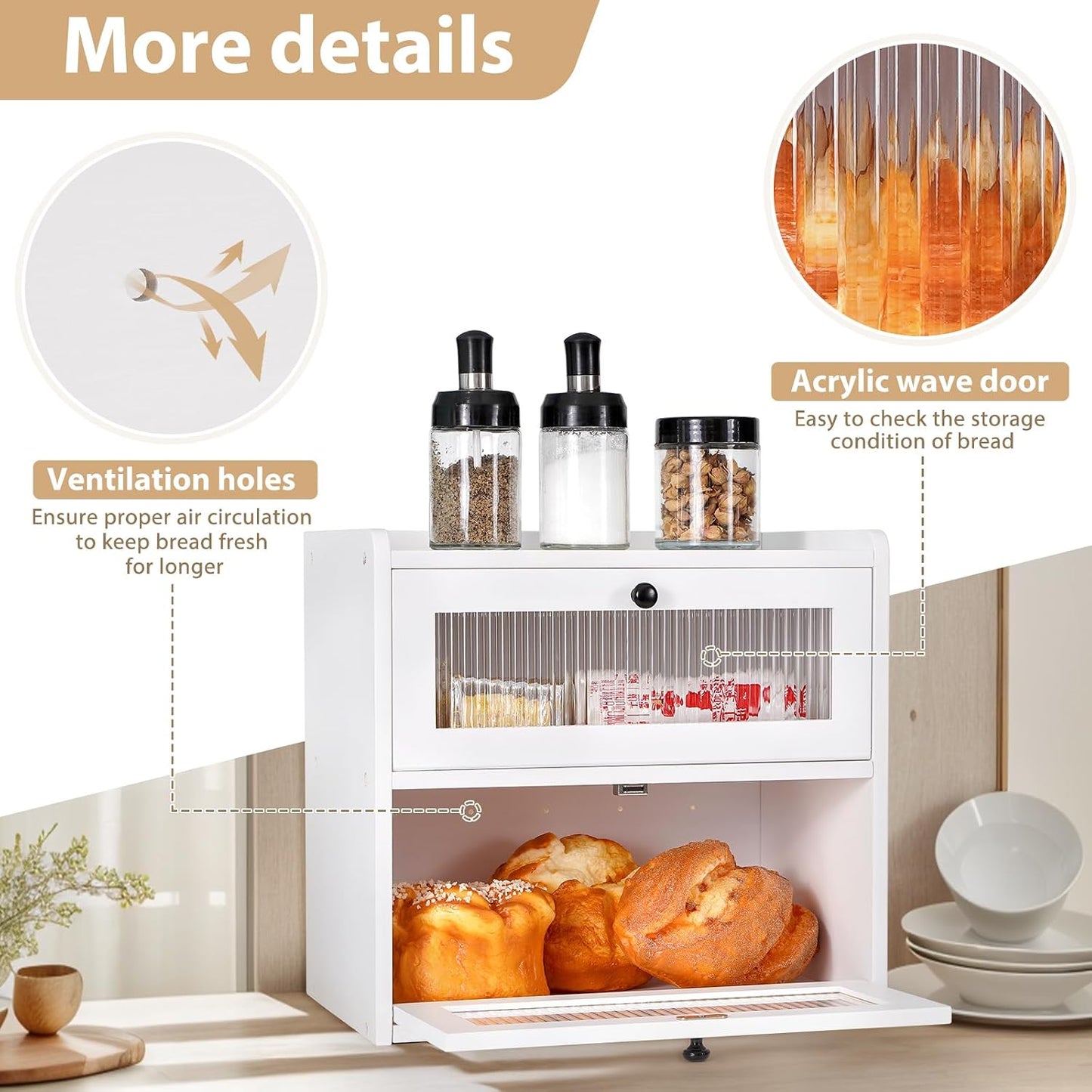 Sunhoo Bread Box for Kitchen Countertop Wooden Bread Storage Container Bin 2 Layer Breadbox Holder Large Capacity