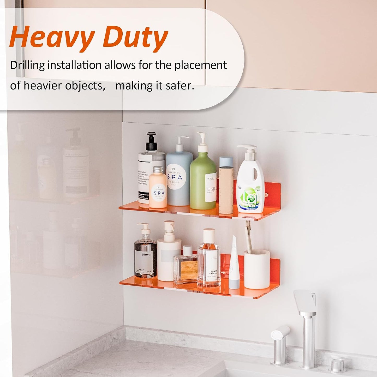 Sezanrpt 15 Inches Orange Acrylic Wall Shelves 2 Pack, L Shape Floating Shelf, Perspex Wall Mounted Shelves for Home