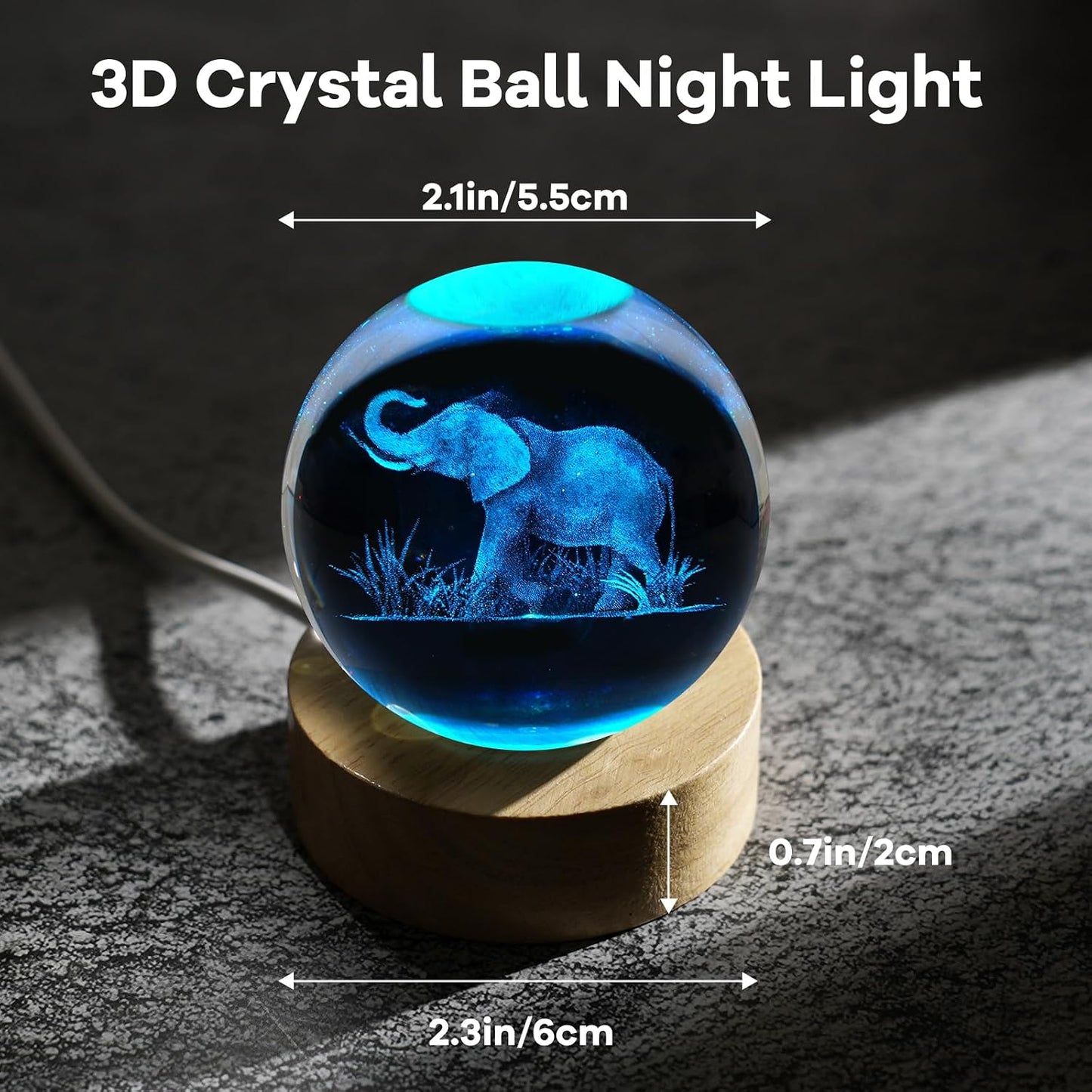 3D Engraved Crystal Ball Night Light Figurines Decor Table Lamp / Elephant / 2.4 Inch