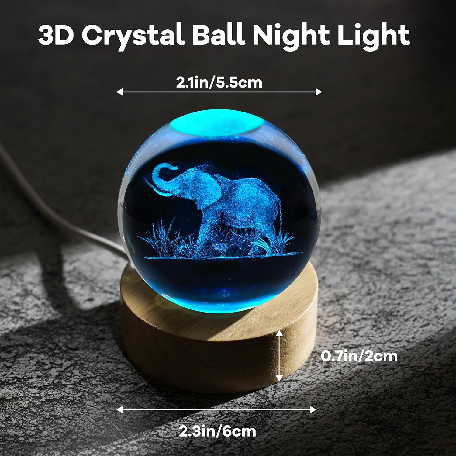 3D Engraved Crystal Ball Night Light Figurines Decor Table Lamp / Elephant / 2.4 Inch
