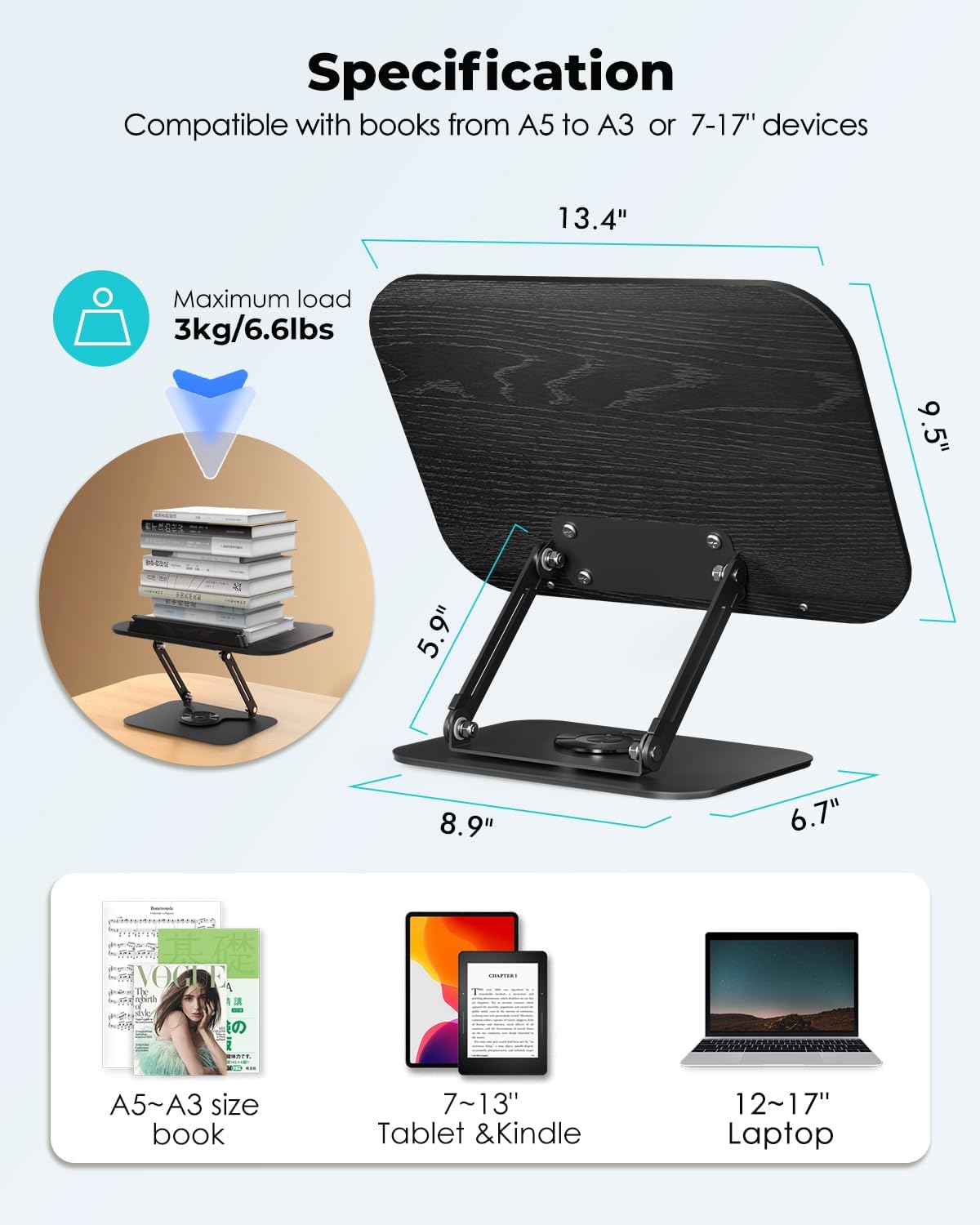 Viozon Book Stand for Reading,Book Holder, Height&Angle Adjustable, 360° Rotating Base, Foldable and Portable