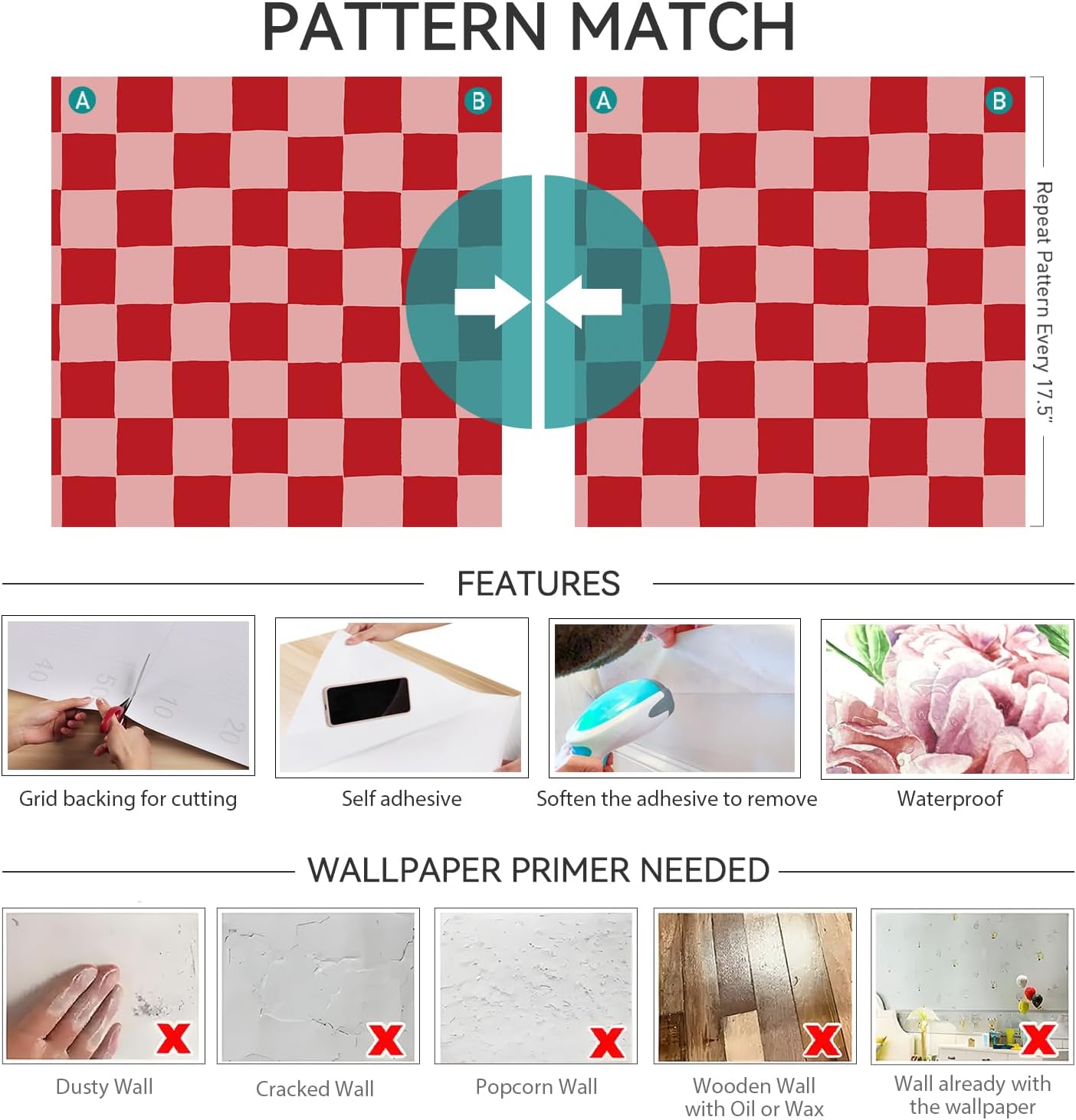Checkered Wallpaper Peel and Stick Dark Pink Contact Paper Waterproof / 17.5 x 80 / Red Checkered