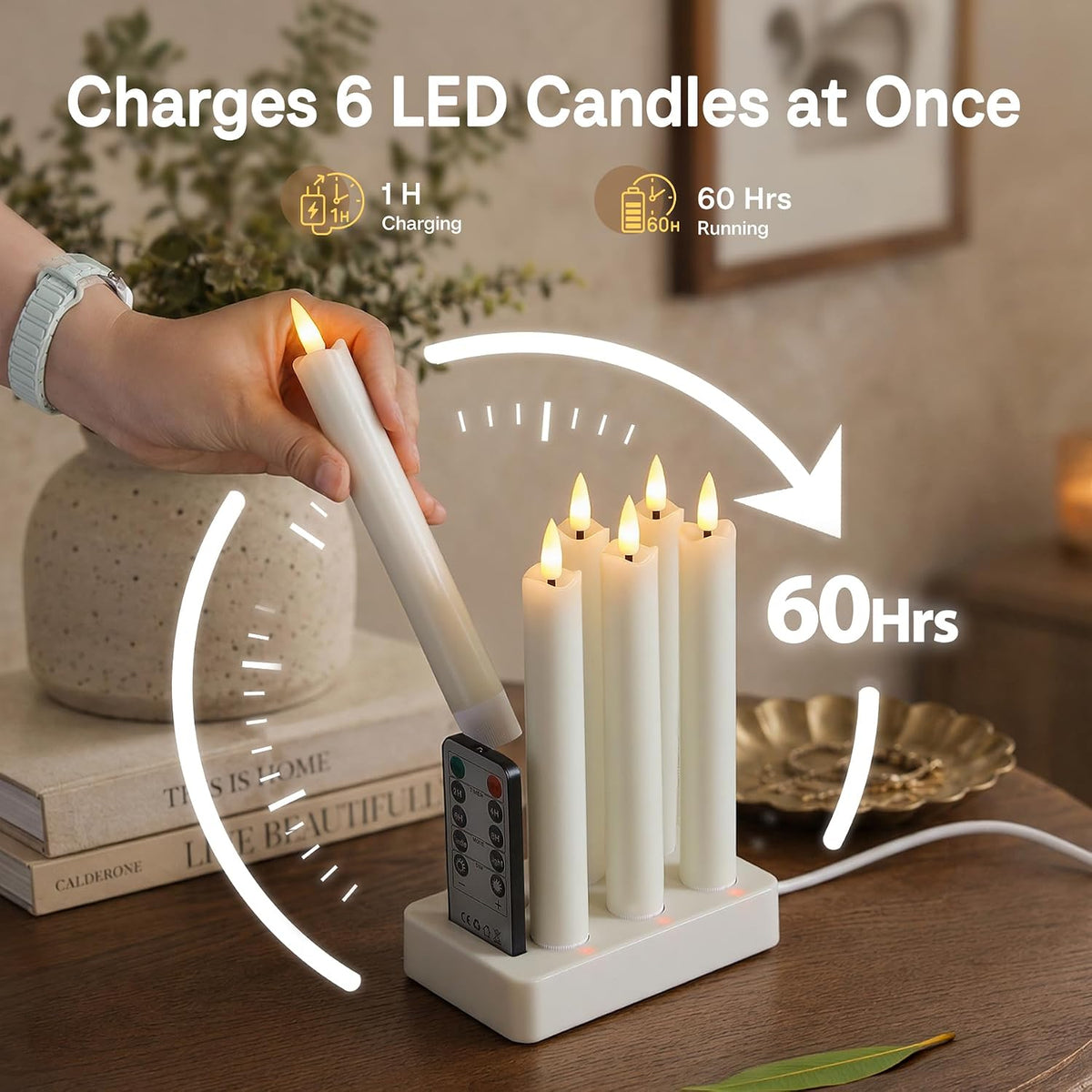 Rechargeable LED Taper Candles with Remote Timer, Flameless Ivory Real Wax Set of 6 with Charging Station, Flickering