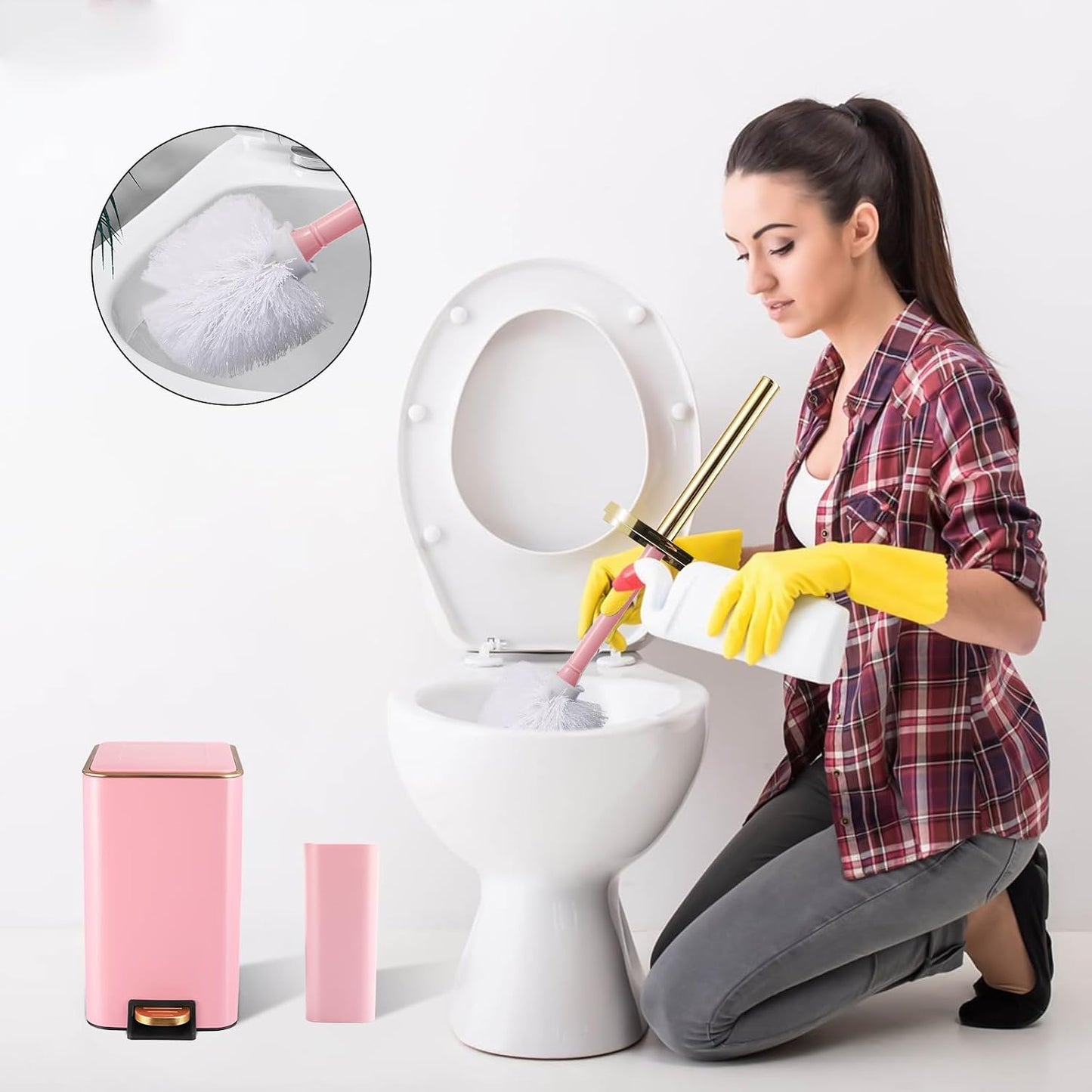XLHOMO Pink Bathroom Accessories Set 8 Piece Pink and Gold Bathroom Set, Bathroom Sets with Stainless Steel Trash