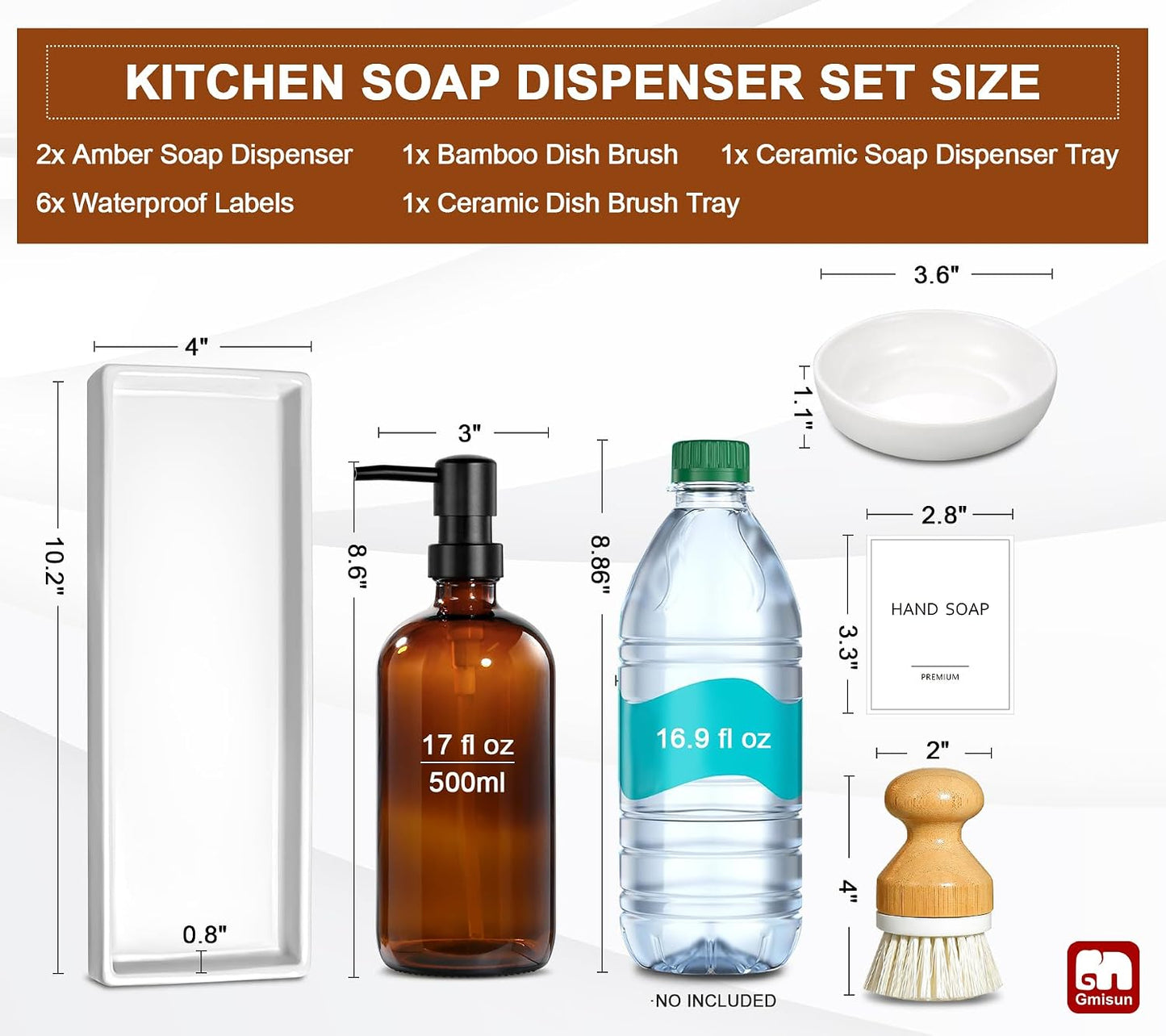 GMISUN Dish Soap Dispenser, 16 Oz Kitchen Soap Dispenser Set with Ceramic Tray & Bamboo Brush, 2 Pack Thick Amber Glass