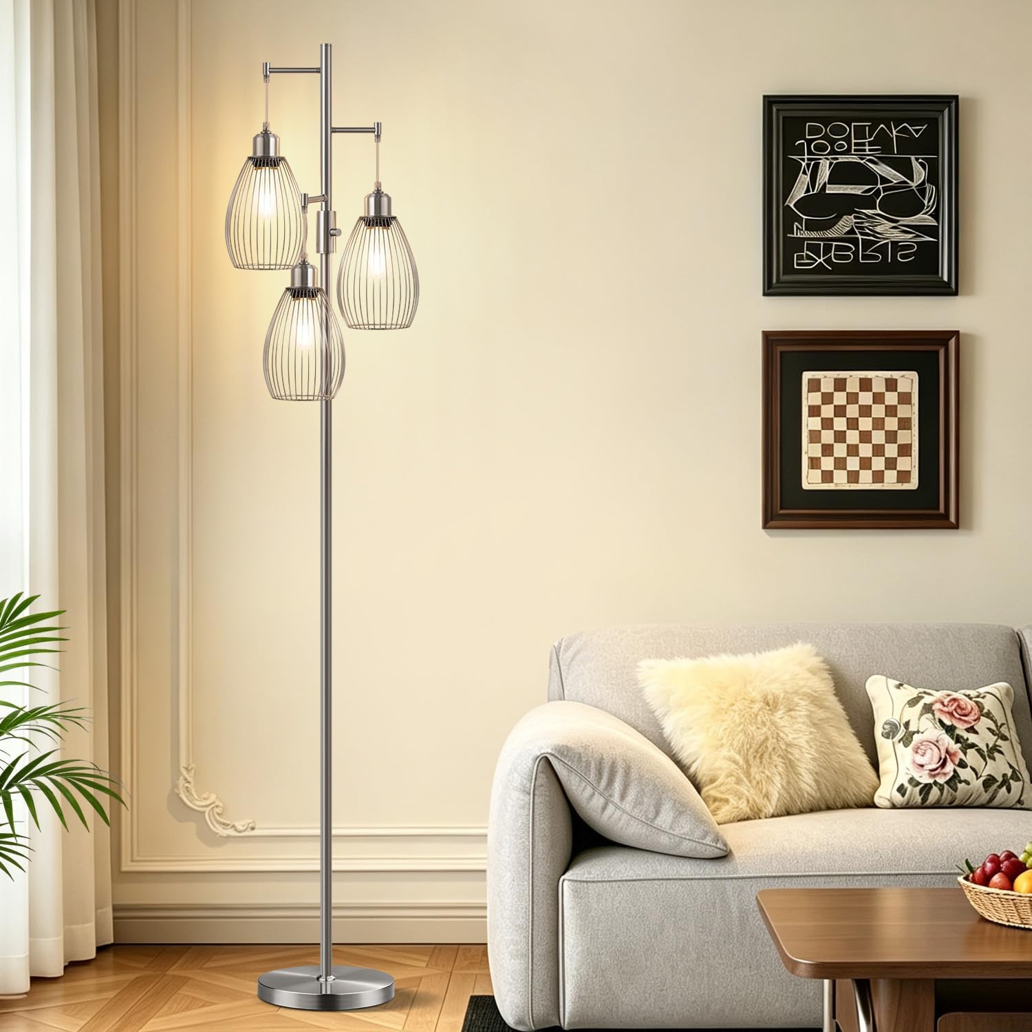 Nintiue Dimmable Floor Lamp, 3 x 800LM LED Edison Bulbs Included, Industrial Floor Lamp Standing Tree Lamp with Elegant
