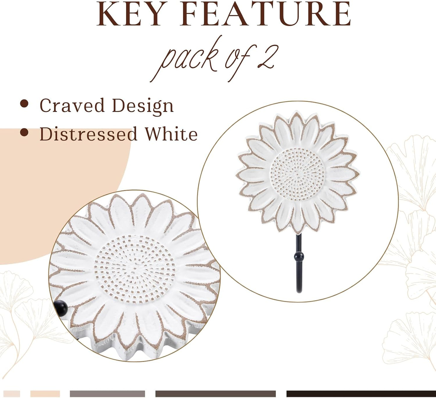 Rustic Wooden Sunflower Wall Hooks / White / Set of 2