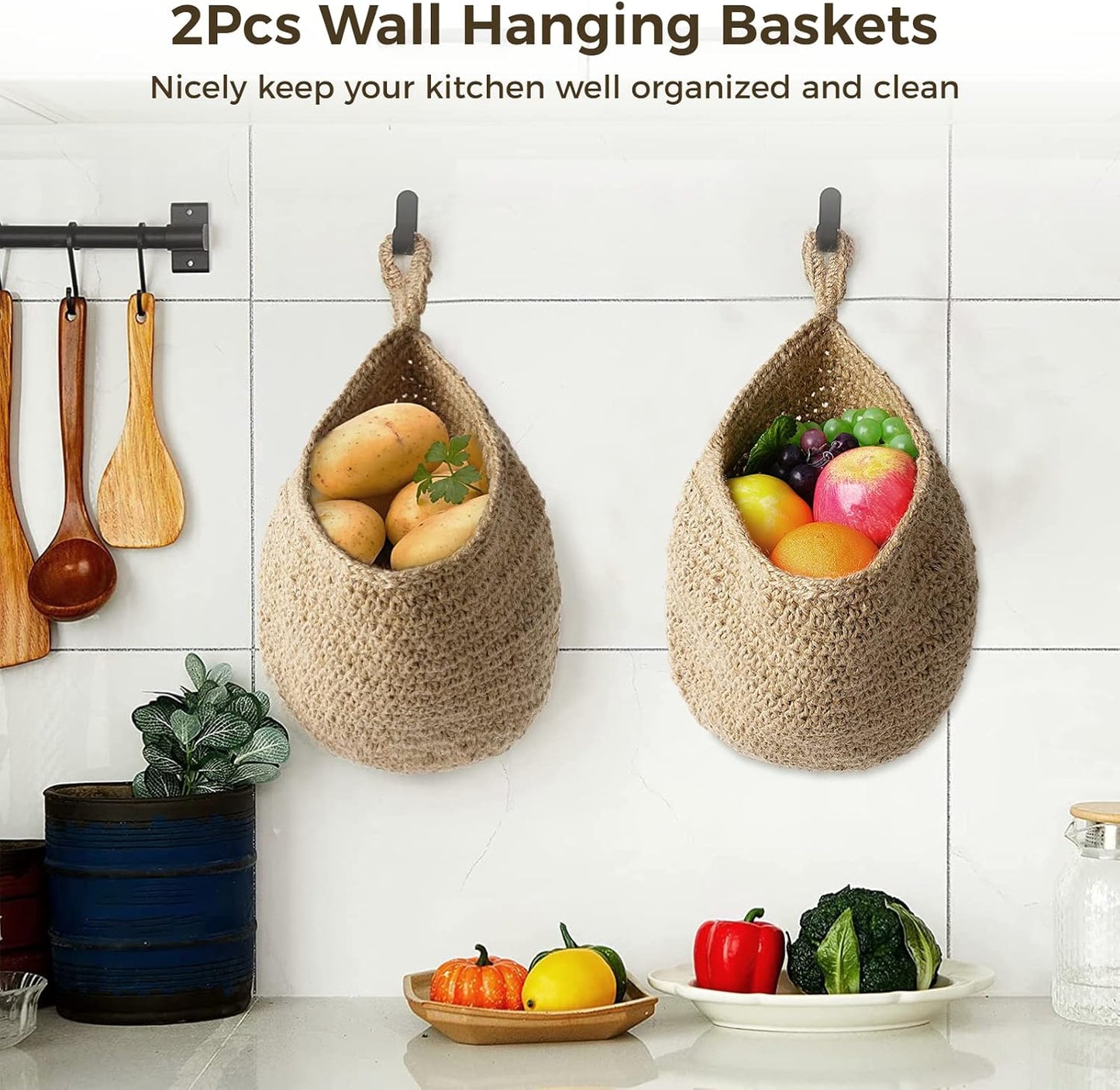 Jute Hanging Fruit Baskets / Light Brown / Set of 2