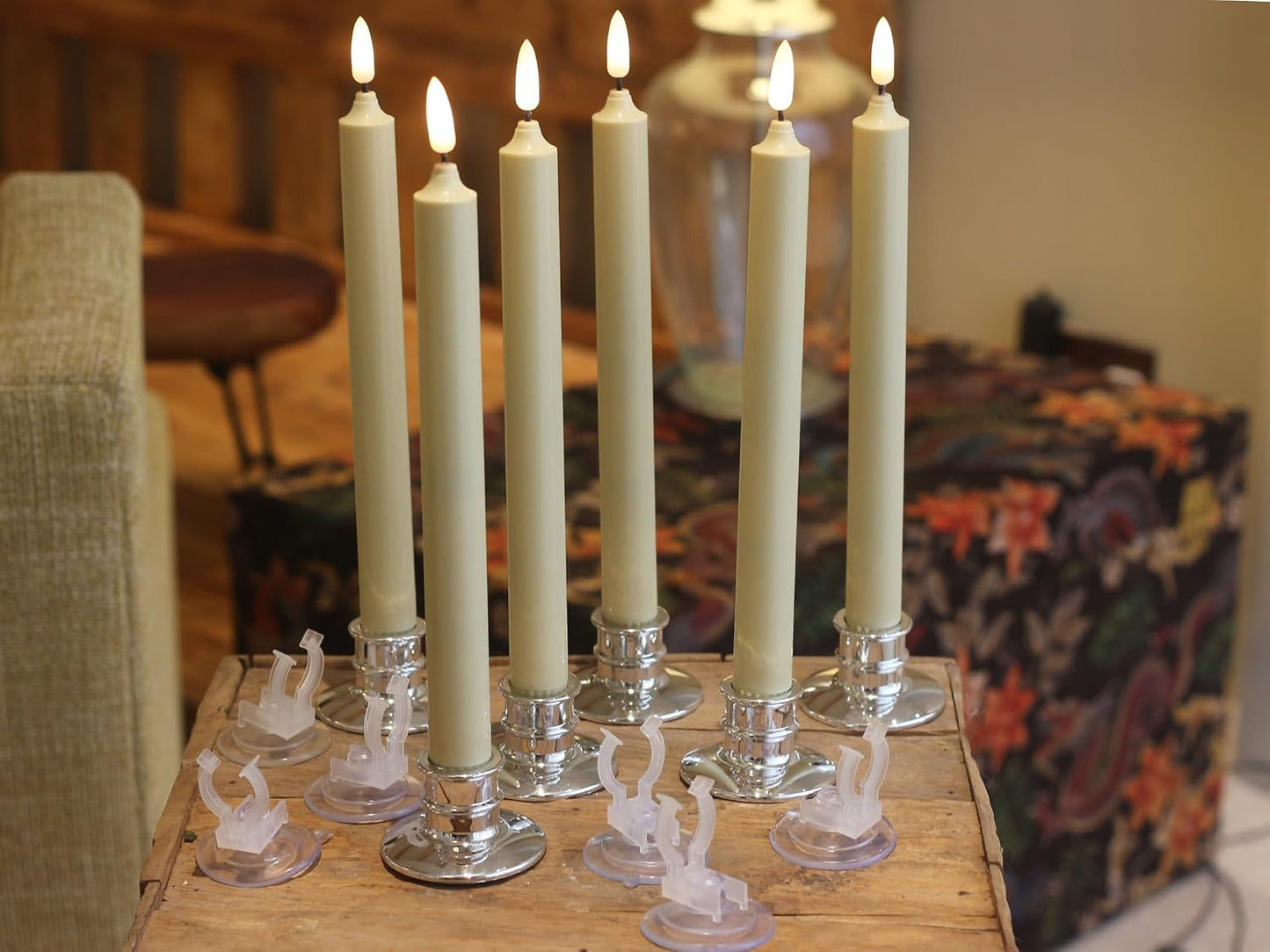 6 Pack LED Windows Candles with 12 AA Batteries(Include,Run More Than 400 Hours) + 6 Silver Removable Candlesticks + 6
