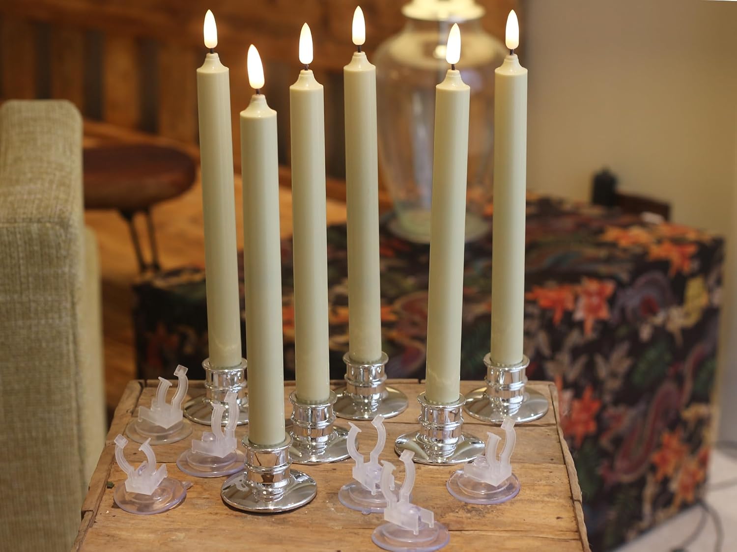 6 Pack LED Windows Candles with 12 AA Batteries(Include,Run More Than 400 Hours) + 6 Silver Removable Candlesticks + 6