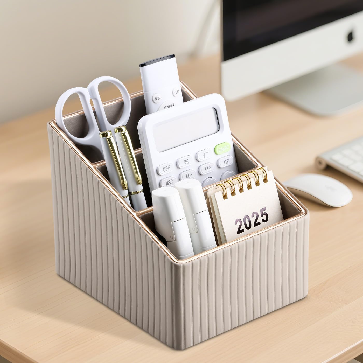 3 Slot PU Leather Remote Controller Holder / Dark Beige