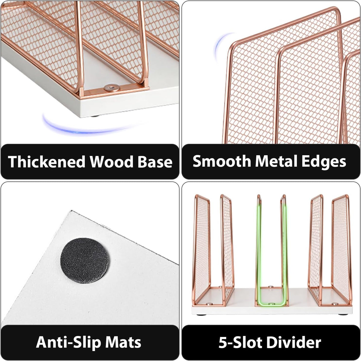 LEKETREE Rose Gold Desk File Organizer, 5-Section Upright File Sorter, Vertical File Folder Holder, Mesh Metal Wood