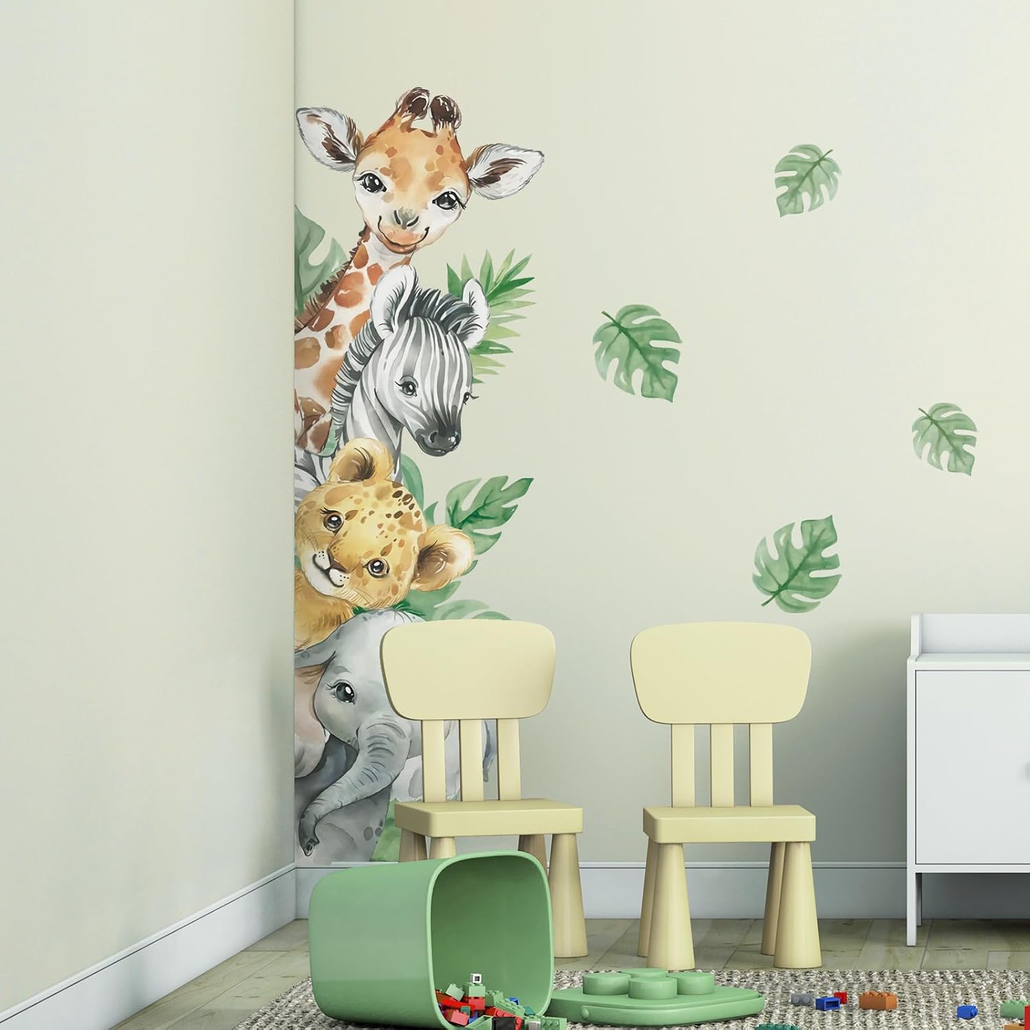 in Watercolor Jungle Animal Wall Stickers Forest Safari / Vertical-4 Animals Left / Green / 45 x 23
