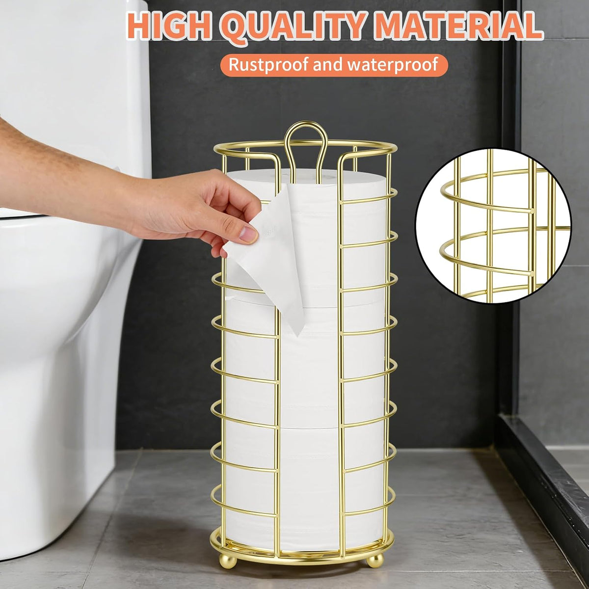 Toilet Paper Holder Stand,Freestanding,Gold | Bathroom Toilet Paper Organizer, 3 Mega Roll Toilet Paper Holder for