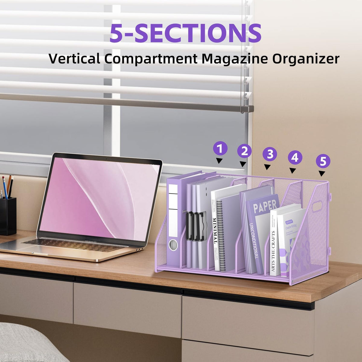 Binder Organizer, Magazine File Holder with 5 Vertical Rack, Purple | Metal Desk File Organizer & Binder Holders