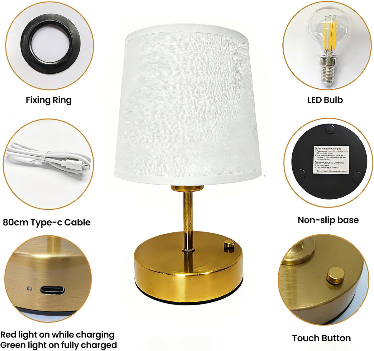 Gold Portable Cordless Table Lamp, Rechargeable Bedside Lamp, Mini | 3000mAh battery, touch stepless dimming, 2700K