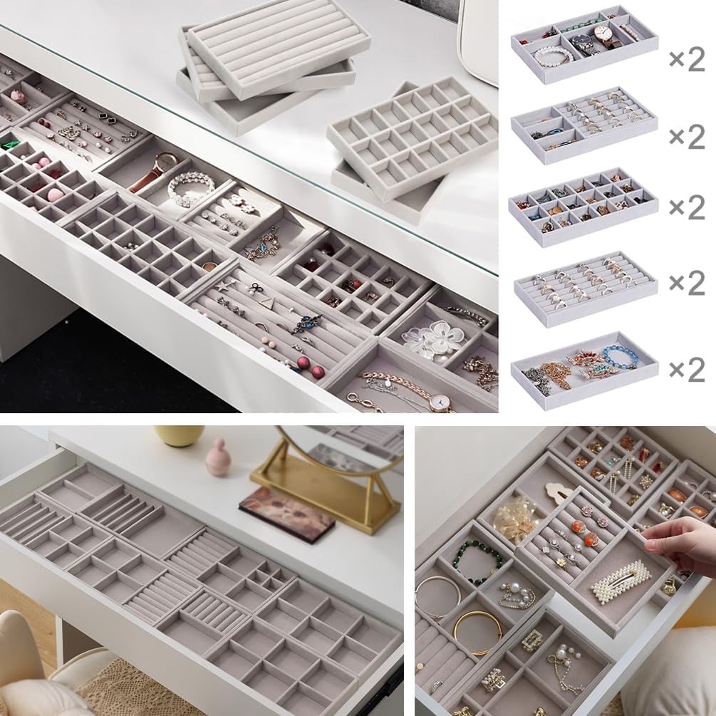 Jewelry Organizer Tray Drawer Inserts Stackable Velvet Liner Dividers / Grey / Set of 10