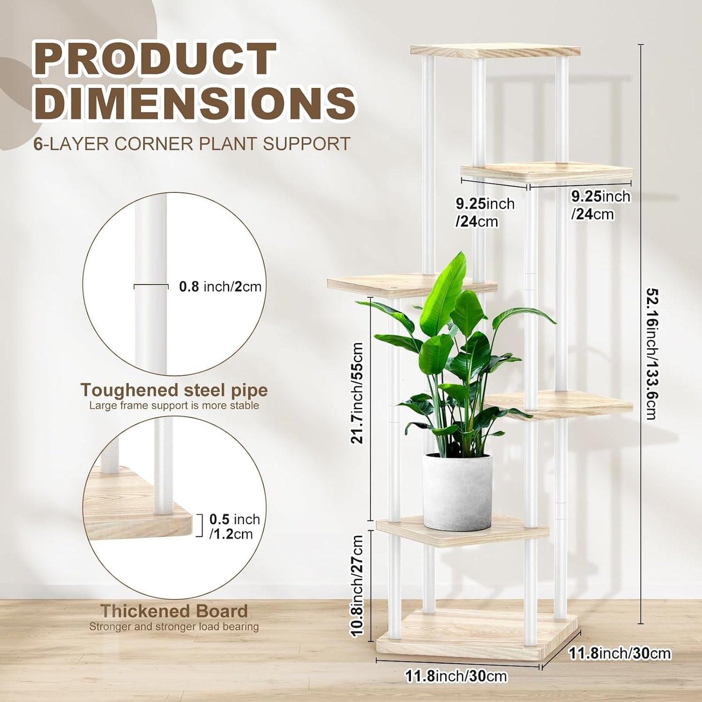 6 Tier Plant Stand Indoor, Thickened Metal Wood Corner Plant Shelf Stands for Multiple Plants, Indoor Tall Plants Stand
