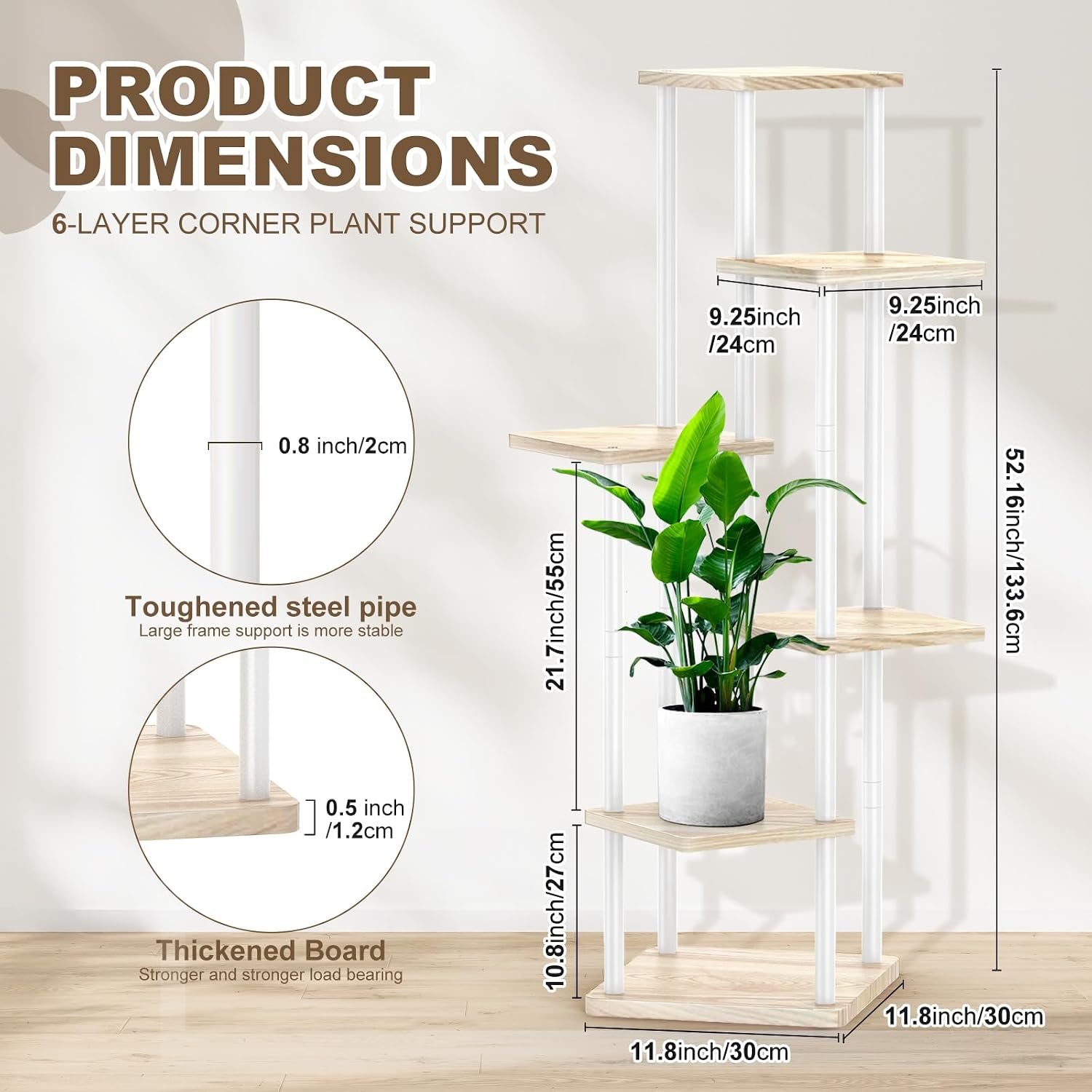 6 Tier Plant Stand Indoor, Thickened Metal Wood Corner Plant Shelf Stands for Multiple Plants, Indoor Tall Plants Stand