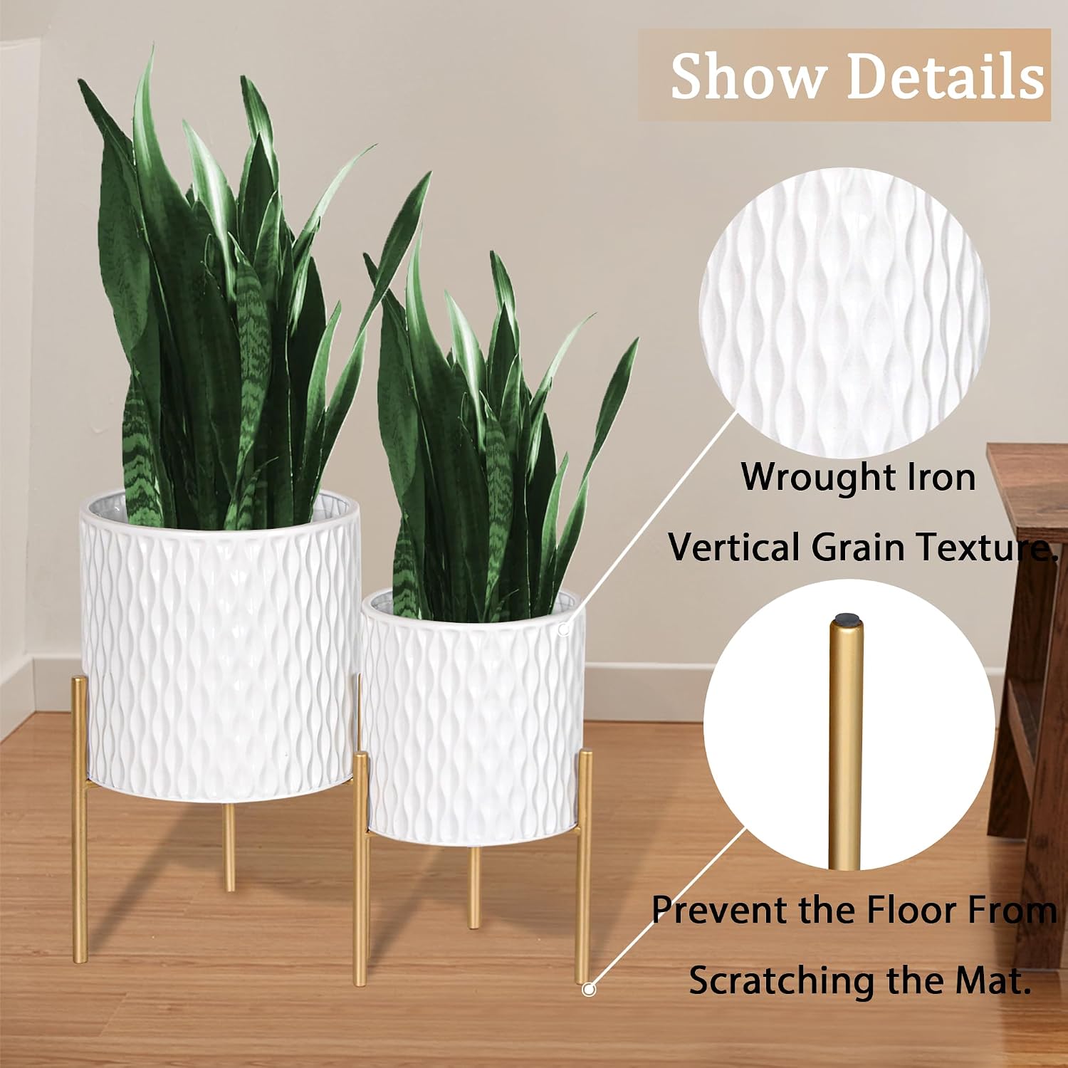 ARNIS Plants Pots with Stand, Set of 2 P lanters, Unique Mid Century Decorative Metal Flower Pots with Drainage, 8.25 &