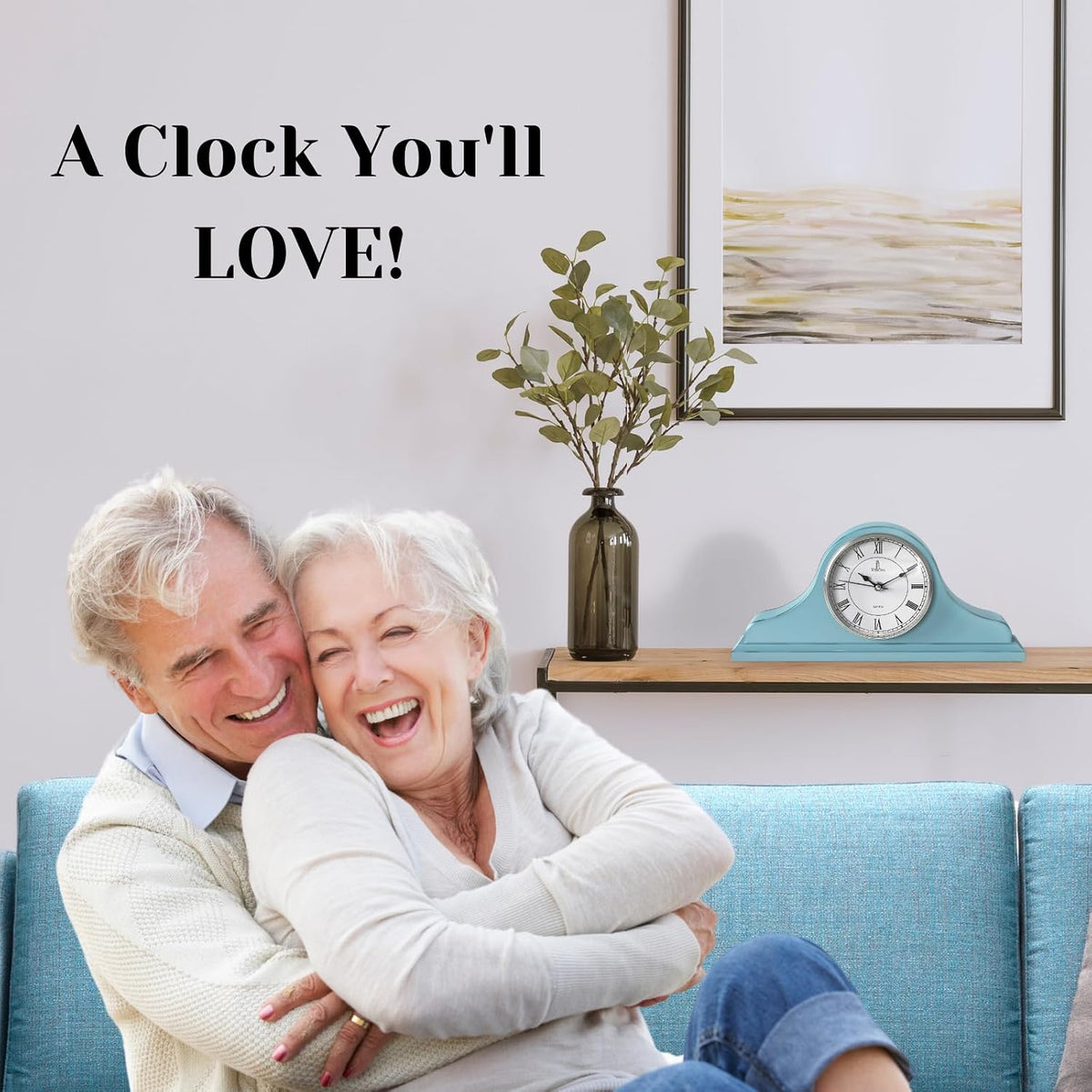 Mantel Clock for Fireplace, Teal Wooden Farmhouse Silent Mantle Clock | Solid Wood Non-Chiming Battery Operated Clock