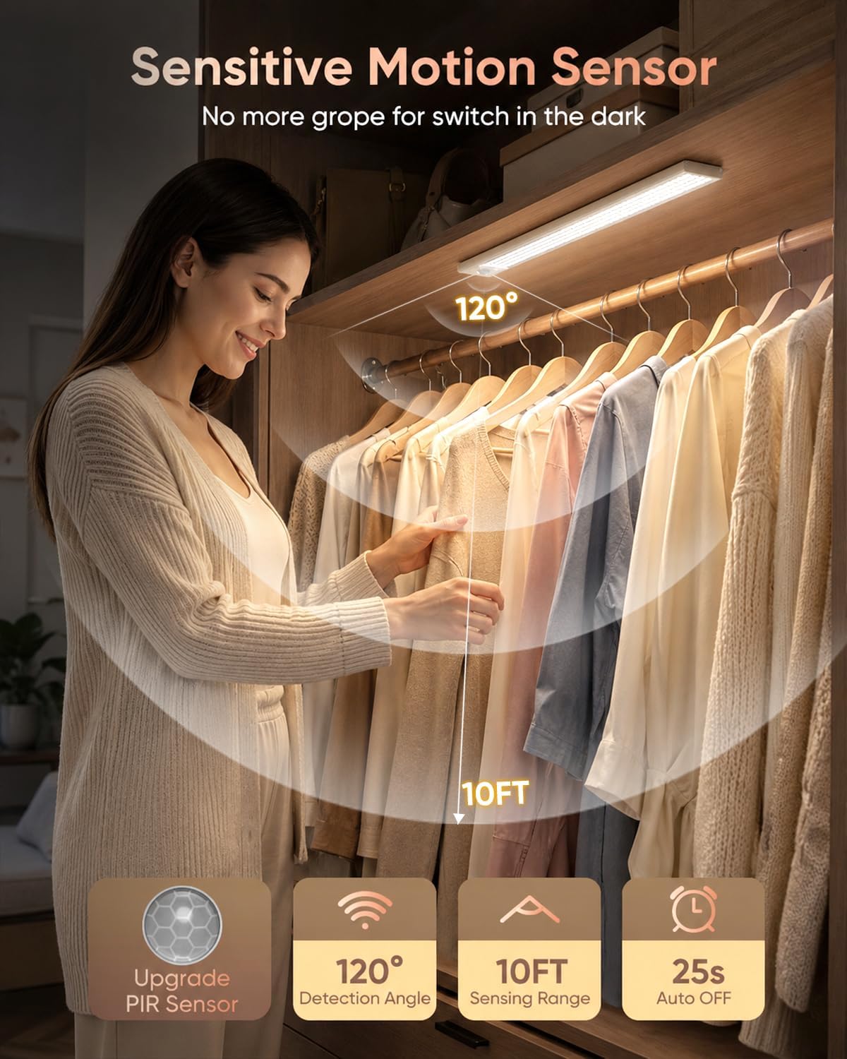 12inch Under Cabinet Lighting, 152LED Motion Sensor Light Indoor, USB Rechargeable Closet Lights, 3 Color Temps