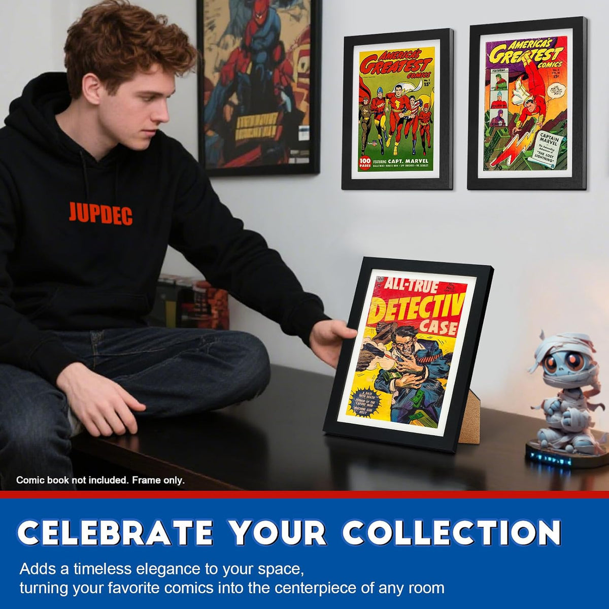 Comic Book Frame, Premium Wood Display Case for 6 11/16" × 10 3/16" Comic, Wall Mount or Tabletop Stand, Layered Design