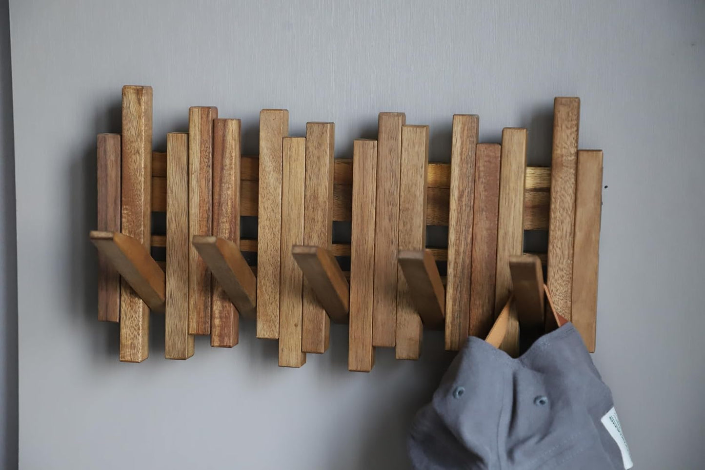 Natural Wood Wall Mounted Piano Coat Rack| Coat Rack Wall Mount| Flip Down Wall Hook Rack 5 Hooks| Entryway Wall Art
