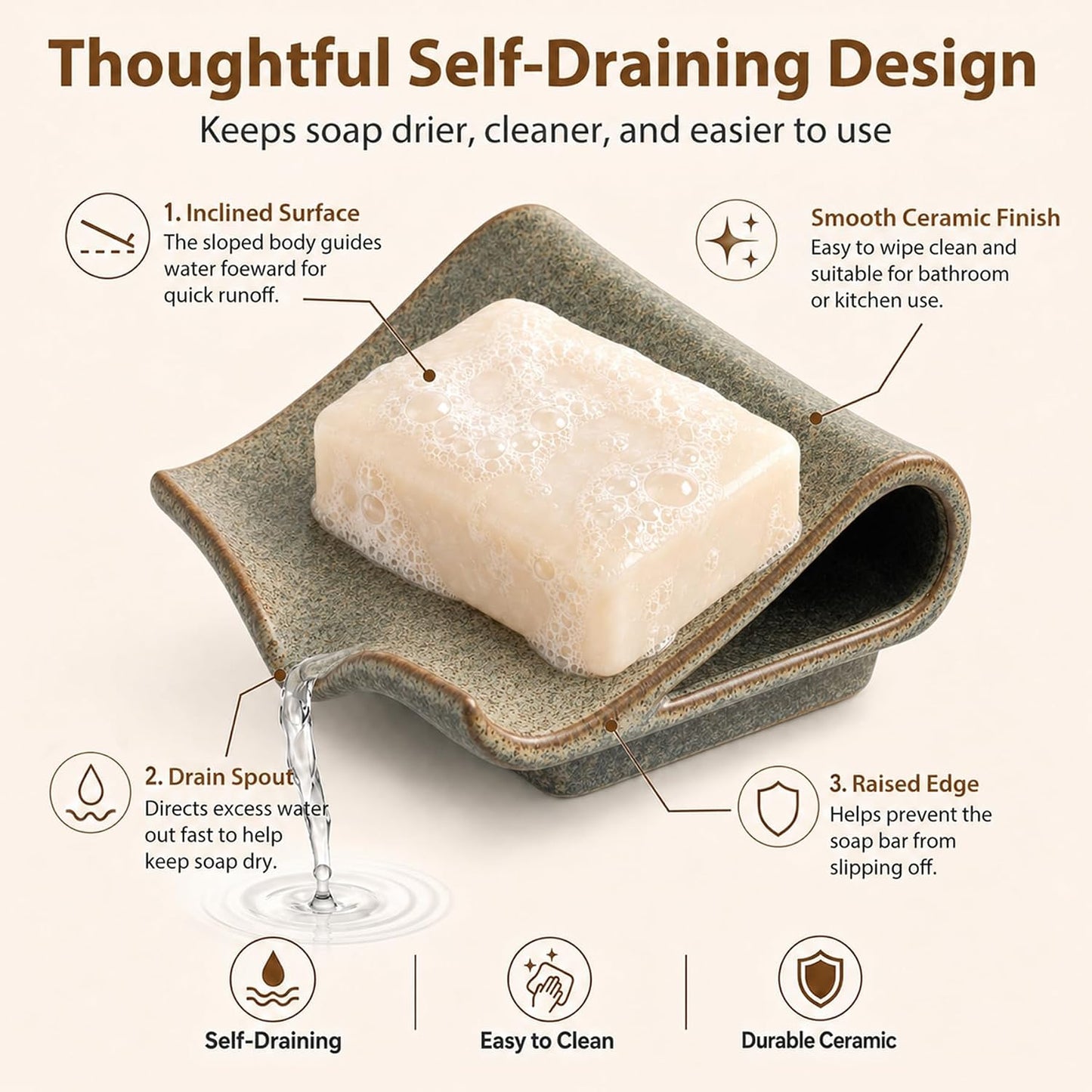 Ceramic Bar Soap Holder Waterfall Design Soap Saver / Brown