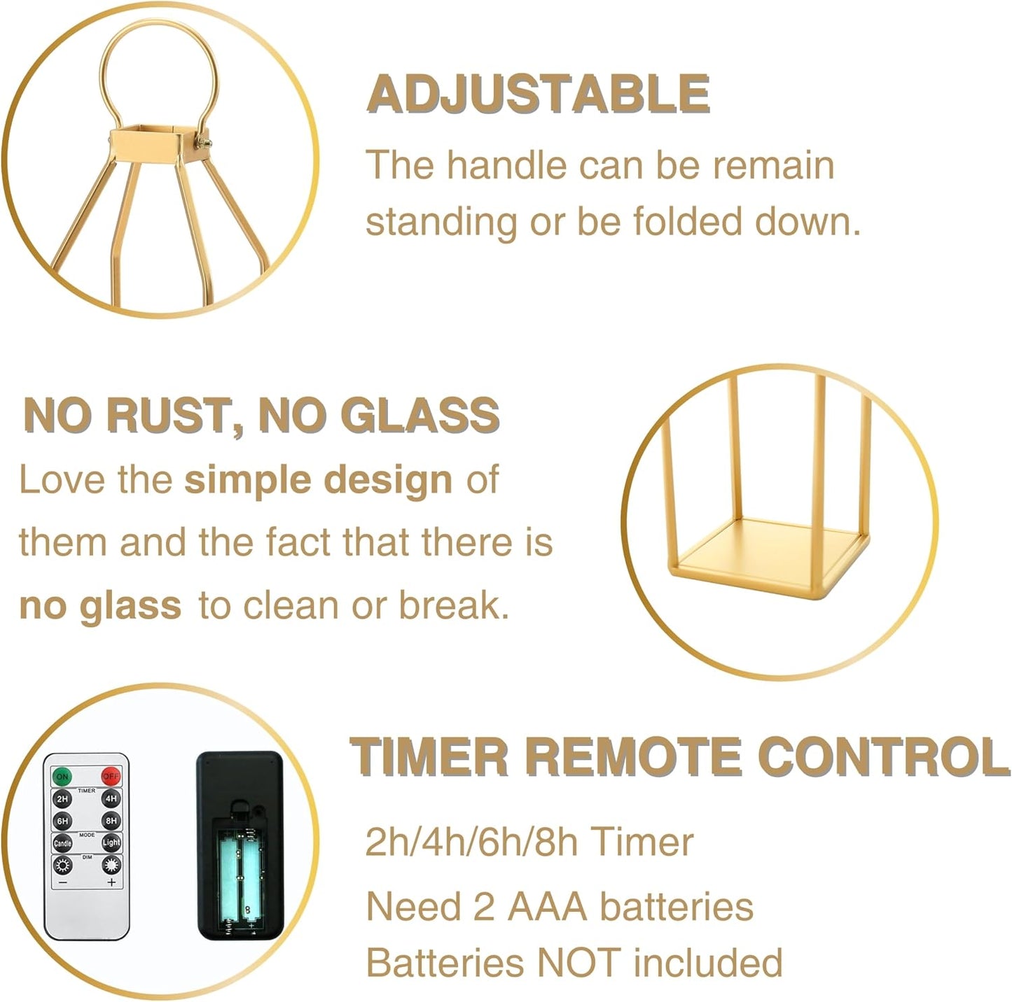 Perfnique Modern Farmhouse Lantern Decor, 15'' 12.6'' Set of 2 Gold Metal Lanterns, 2 LED 6hr Timer Flameless Candles ＆